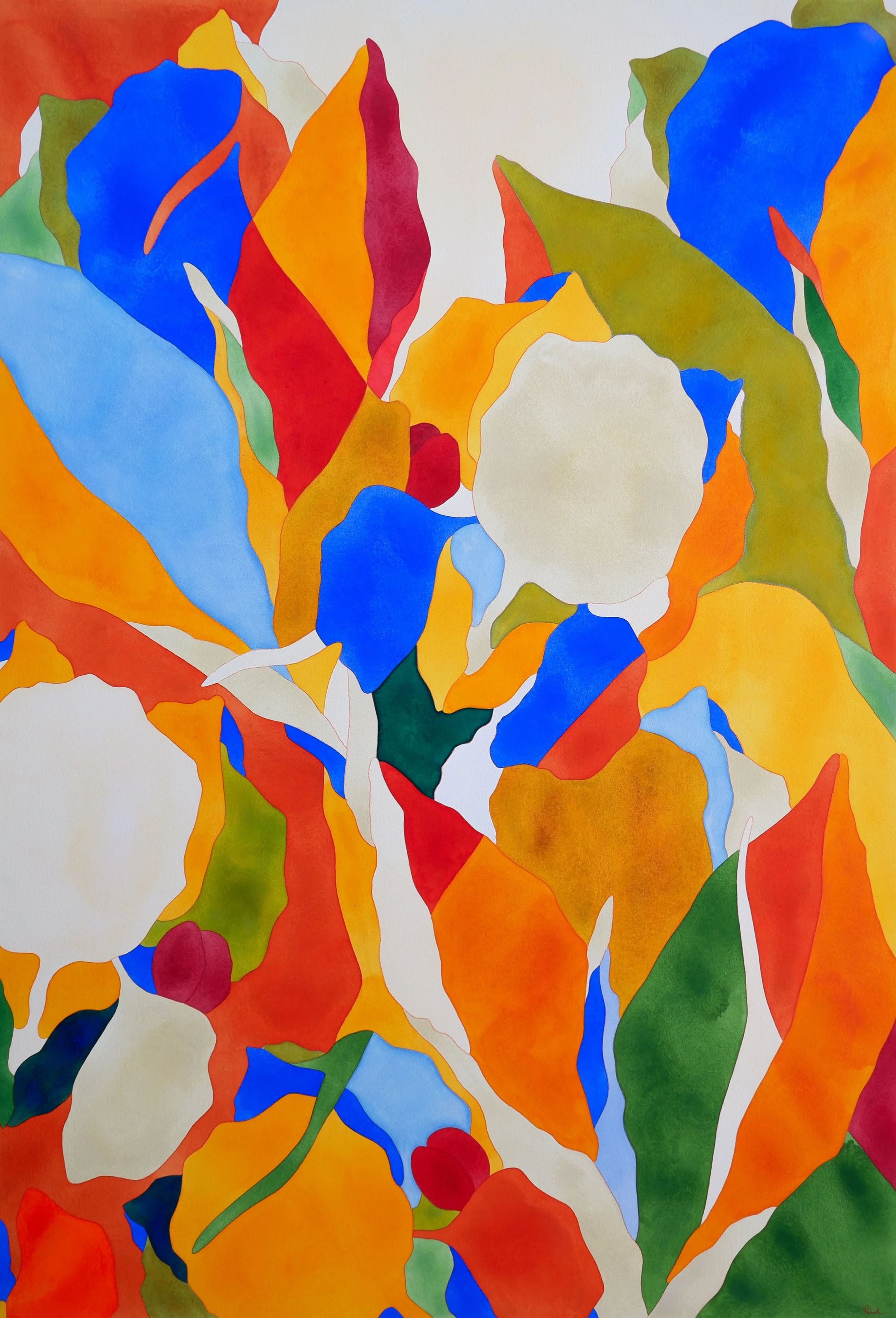 Une peinture abstraite avec des formes colorées en bleu, orange, rouge, vert, blanc, gris et beige.
