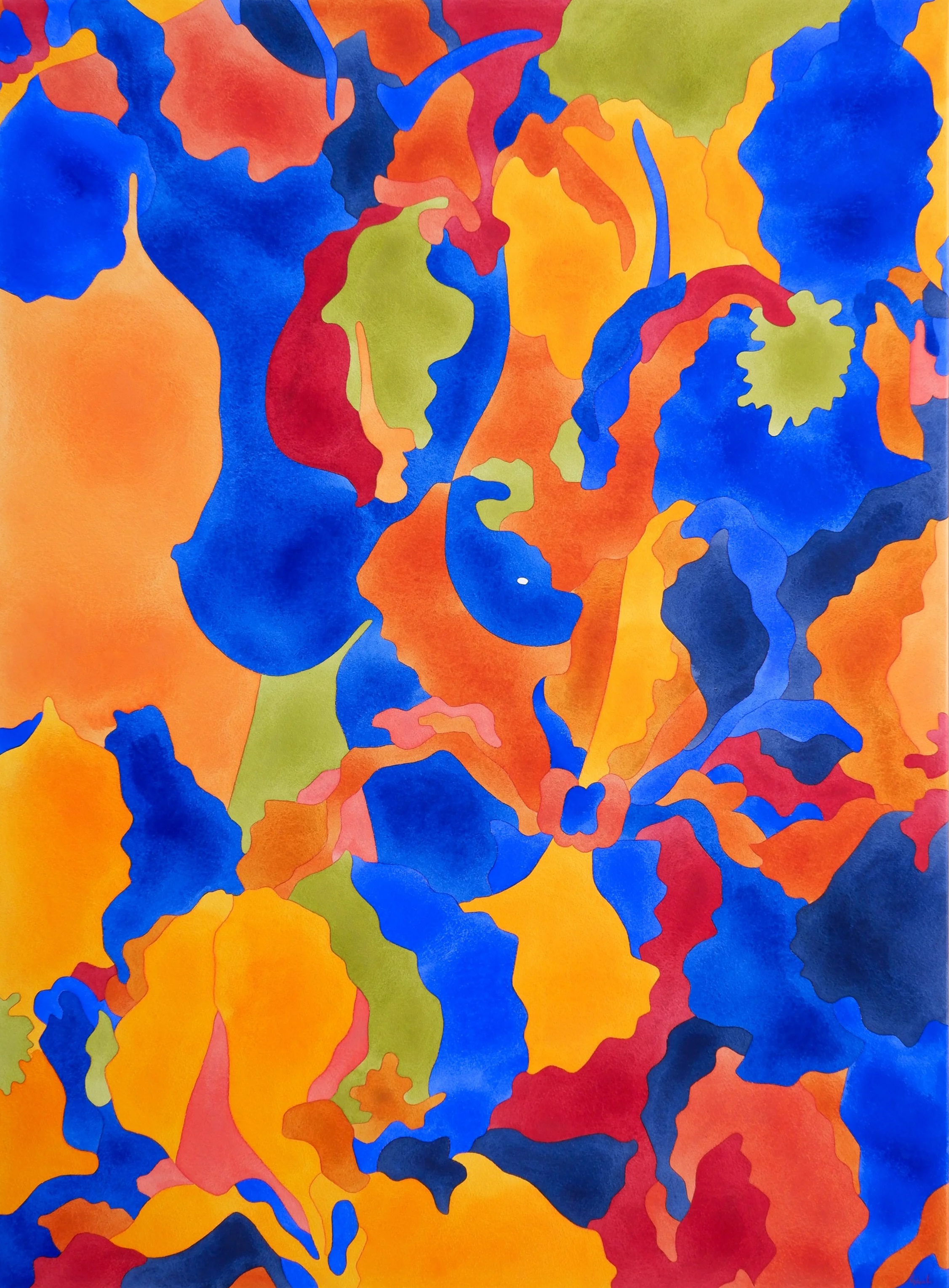 Une peinture abstraite avec des formes fluides et colorées en nuances de bleu, orange, rouge, vert et jaune.
