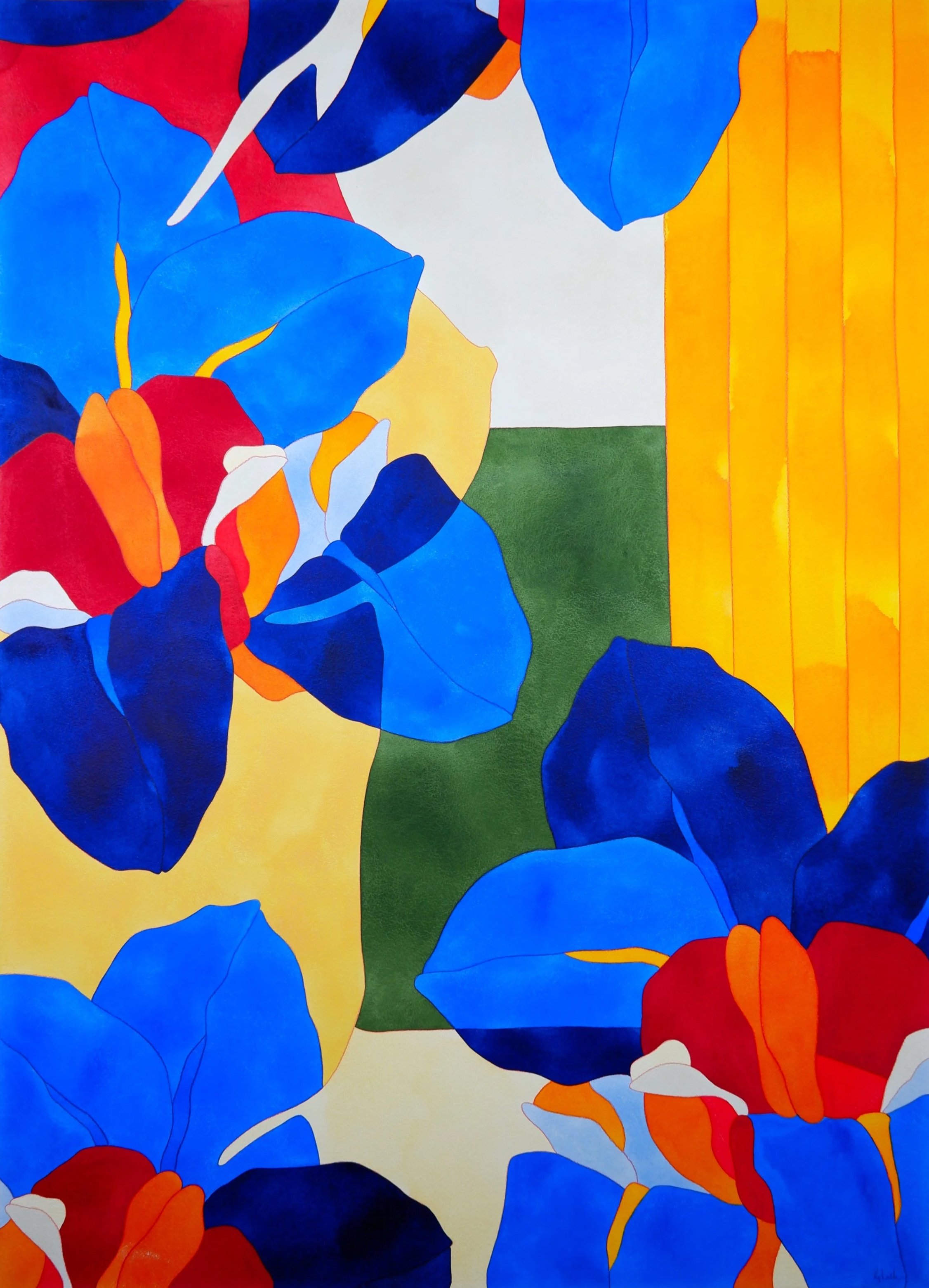 Une peinture abstraite aux couleurs vives, principalement en bleu, rouge, orange, jaune, vert, et blanc, avec des formes organiques et des contours fluides.