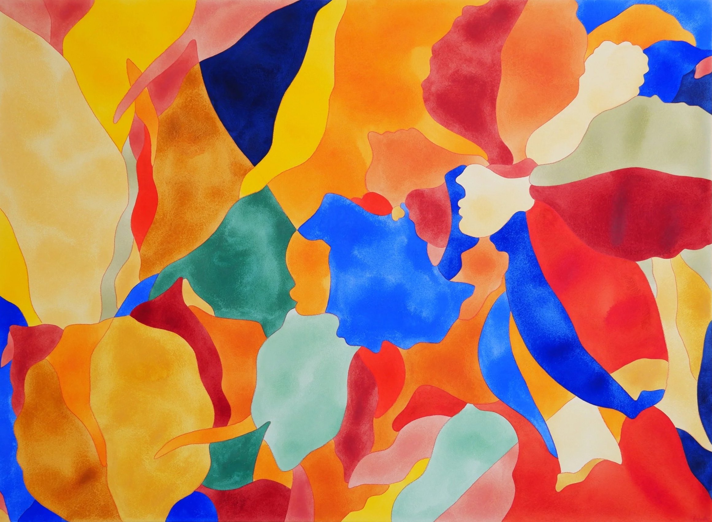 Un tableau abstrait composé de formes colorées fluides dans des tons jaunes, rouges, bleus, verts et orange.