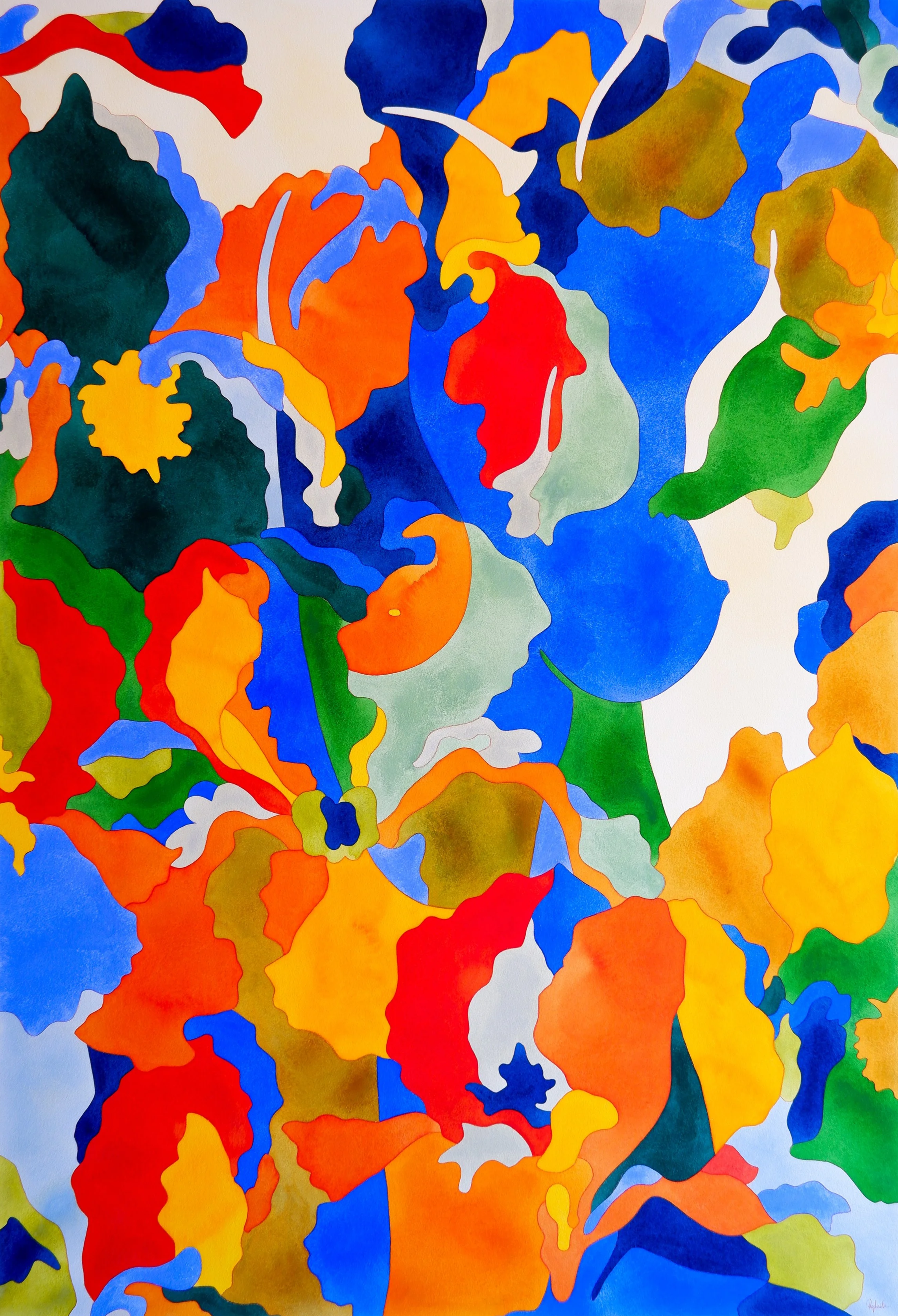 Une peinture abstraite avec des formes colorées telles que le rouge, l'orange, le jaune, le vert, le bleu, et le blanc, sans motifs ou objets reconnaissables définis.