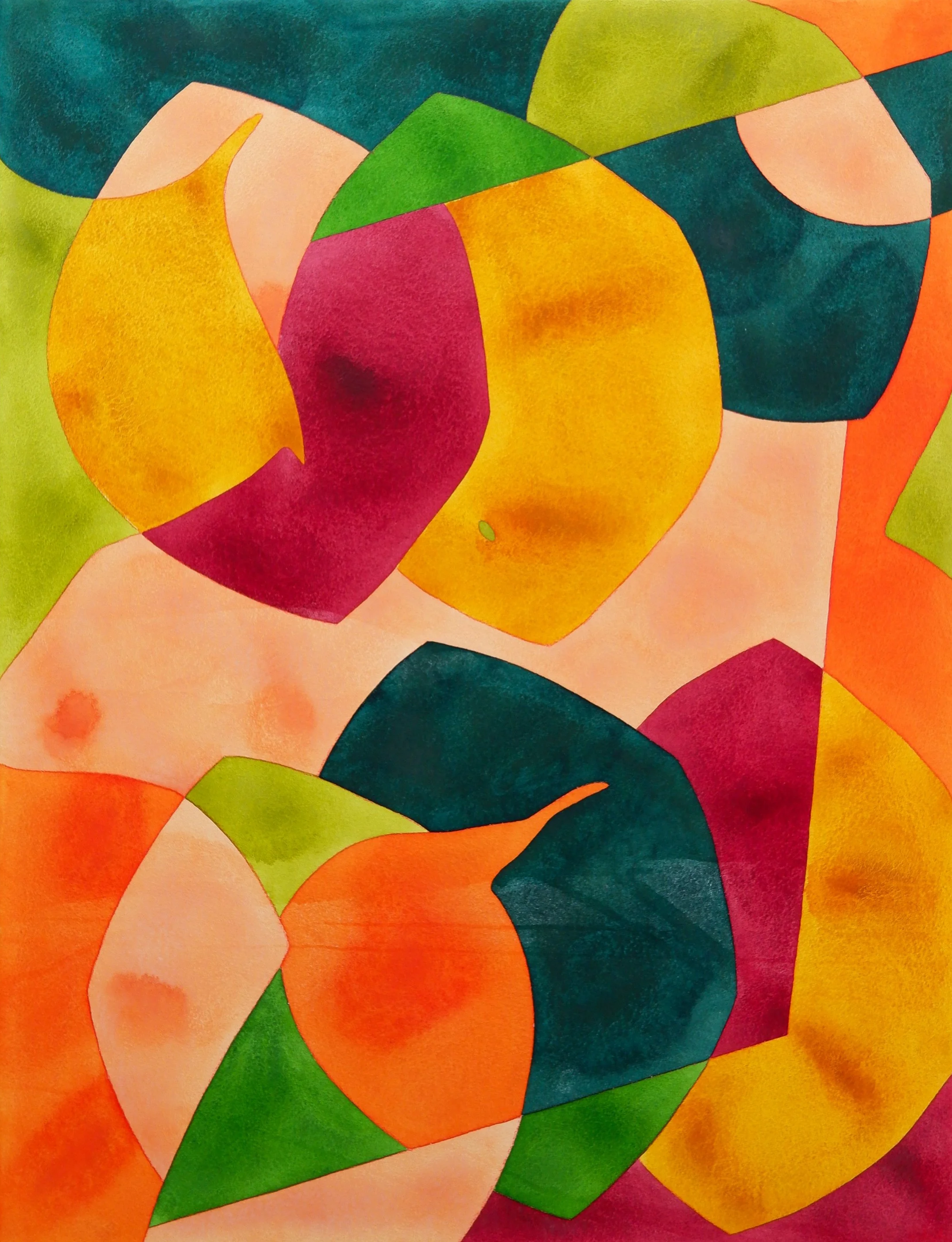 Un tableau abstrait coloré avec des formes géométriques de différentes couleurs, incluant du jaune, du rouge, du vert, du bleu et de l'orange.