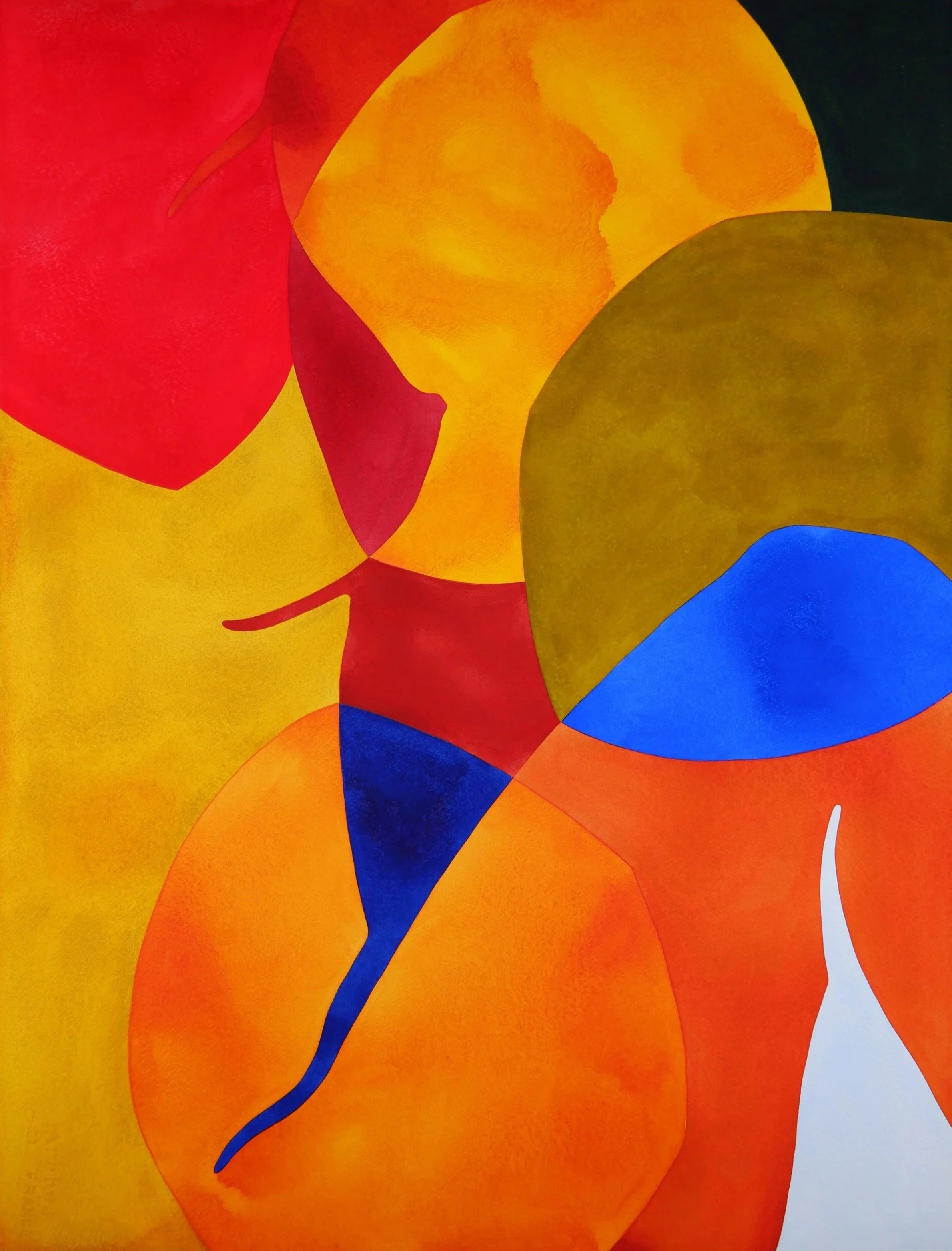Une composition abstraite avec des formes ovales et courbes en couleurs chaudes comme le rouge, l'orange, le jaune et des touches de bleu. L'ensemble forme une œuvre moderne et colorée.