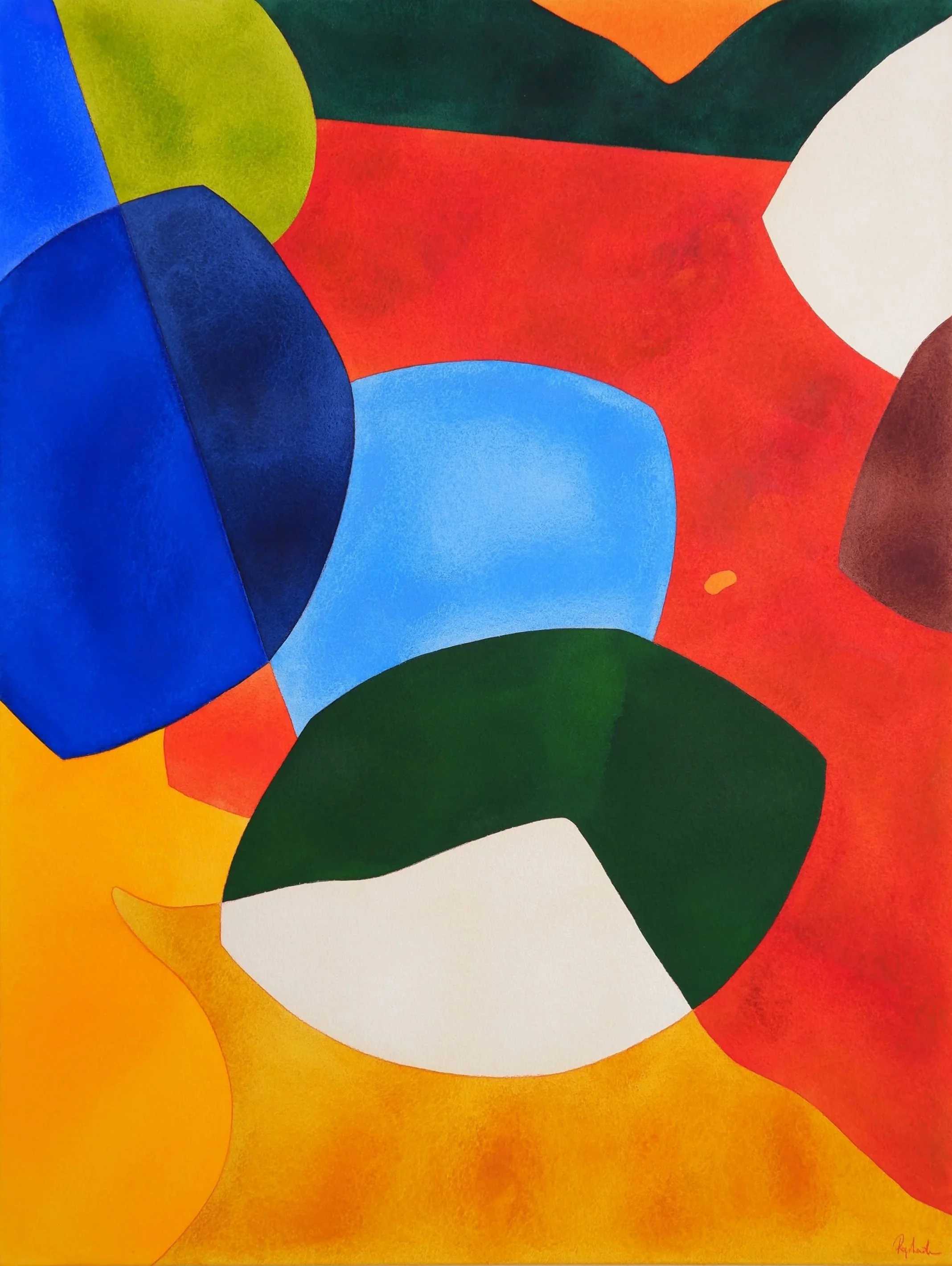Une peinture abstraite avec des formes géométriques de couleurs vives comme le bleu, le vert, le rouge, blanc, orange, et le jaune.