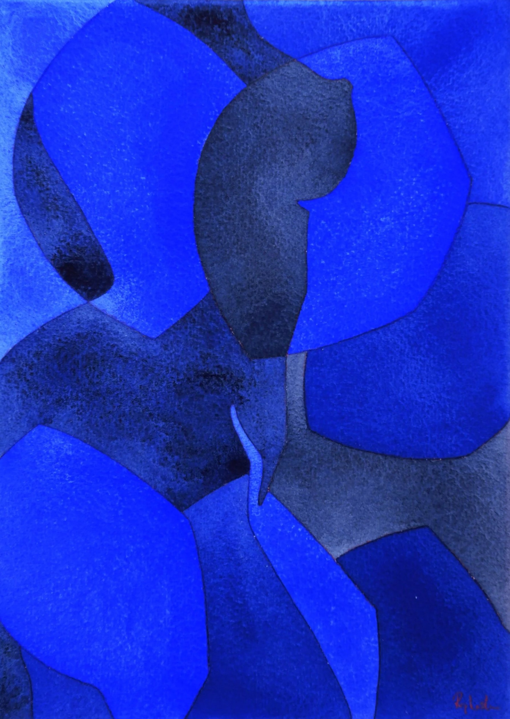 Une peinture abstraite utilisant des teintes de bleu et de noir, avec des formes incurvées et fluides.