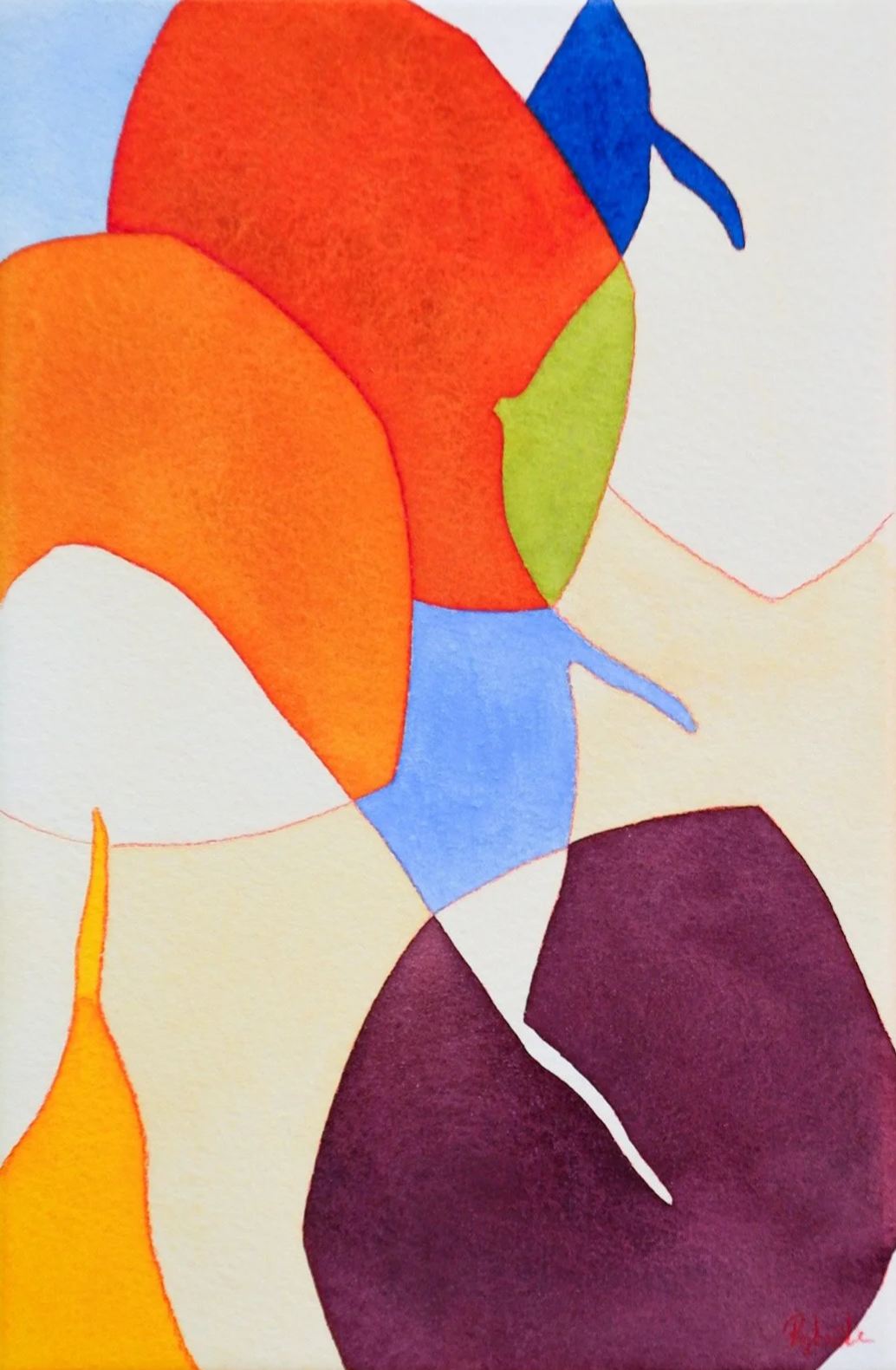 Peinture abstraite colorée avec des formes organiques et des couleurs vives, incluant du orange, du bleu, du vert, du violet, du blanc, et du beige.