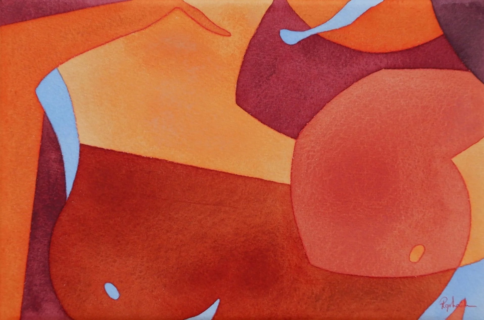 Fragment d'une œuvre d'art abstraite utilisant des formes géométriques en couleurs chaudes telles que le rouge, l'orange et le jaune, avec quelques touches de bleu clair.