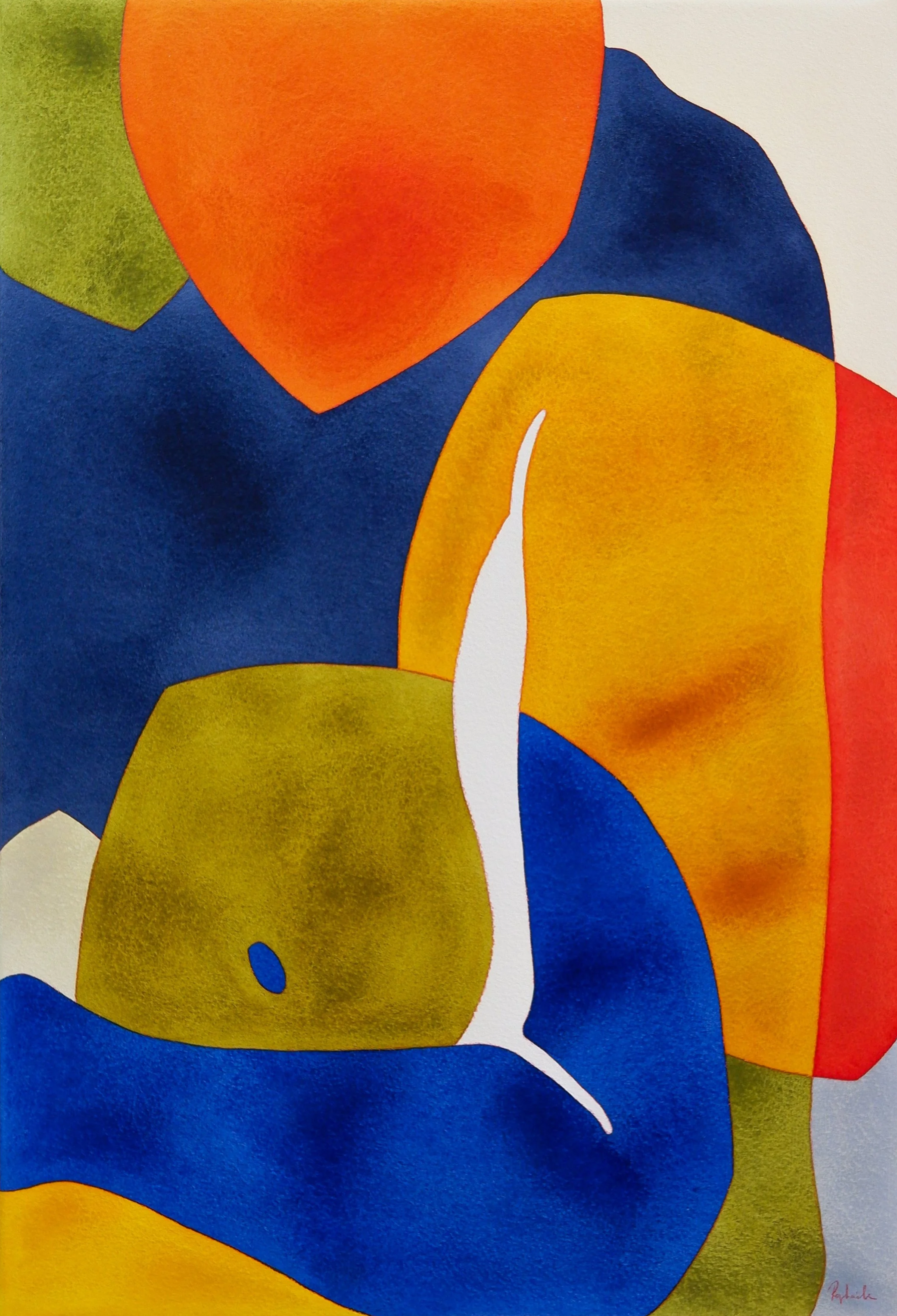 Un tableau abstrait aux formes organiques et couleurs vives telles que orange, bleu, vert, et jaune, avec des lignes blanches délicates.