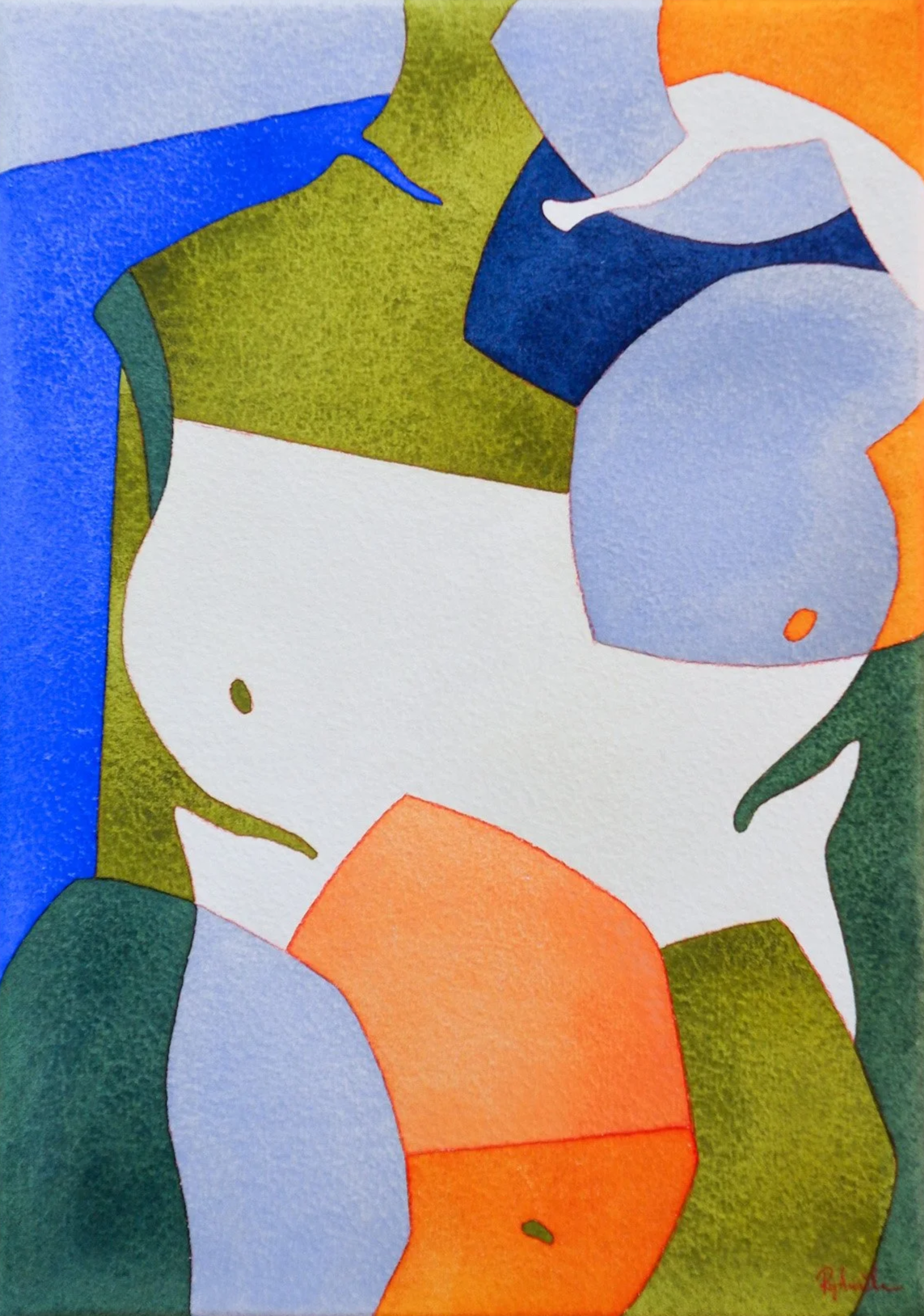 Une peinture abstraite avec des formes ovales colorées en bleu, vert, orange, et blanc sur fond vert. Style moderne et coloré.