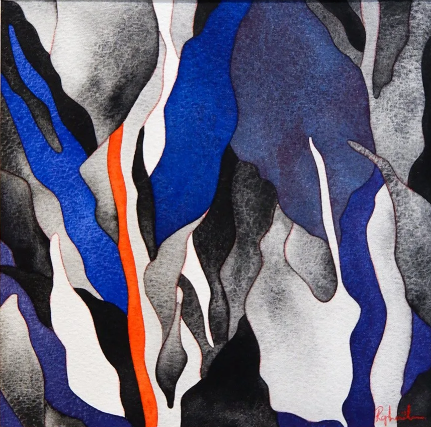Une peinture abstraite avec des formes organiques en noir, blanc, gris, bleu et orange.