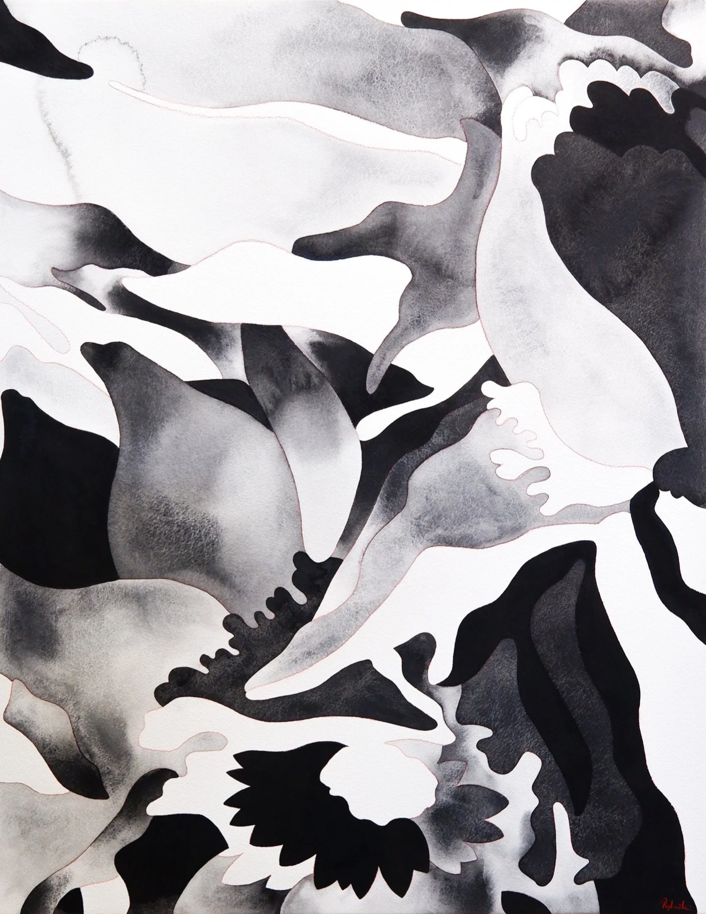 Une peinture abstraite en noir, blanc et gris représentant des formes végétales ou florales stylisées.