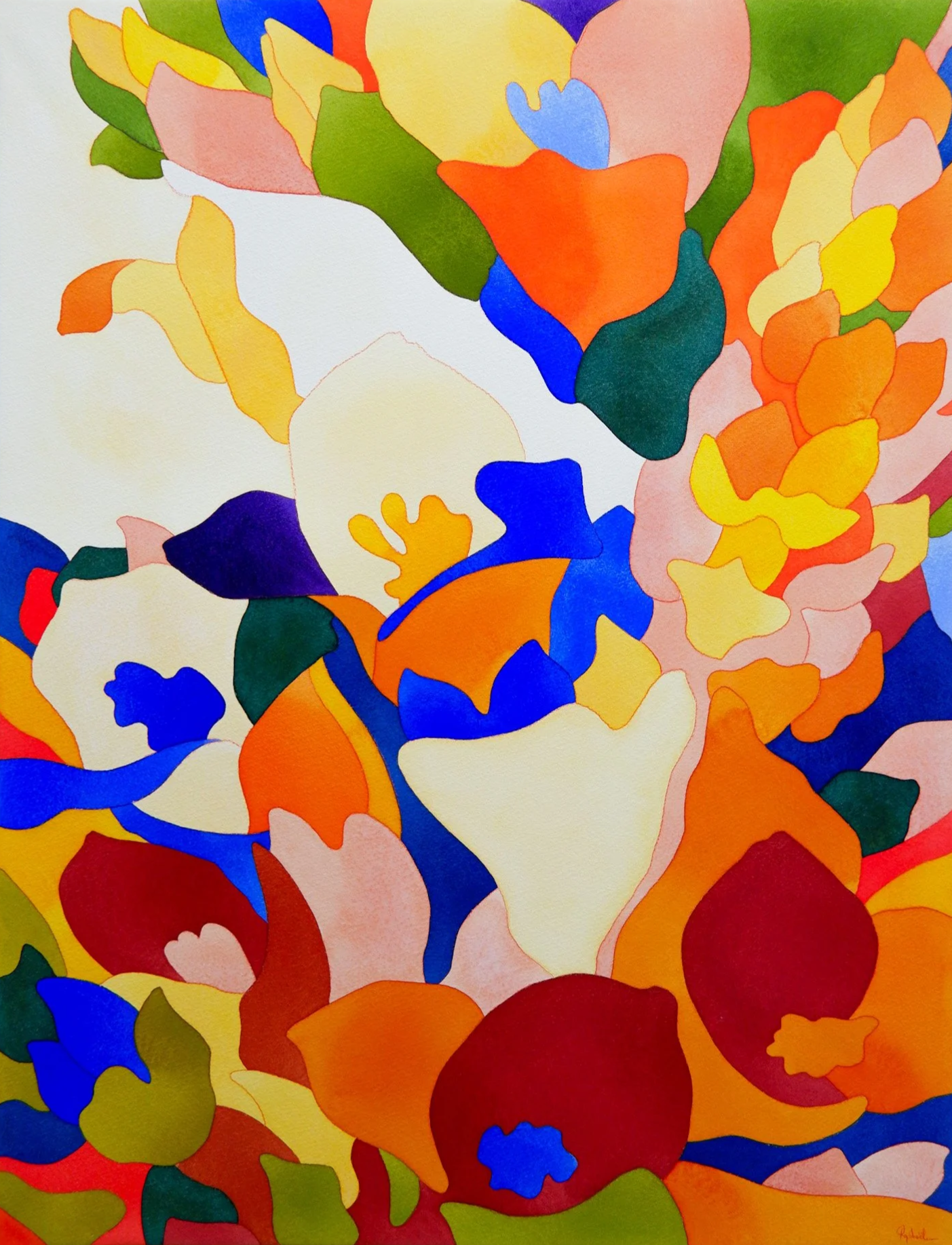 Une œuvre d'art abstraite avec des formes colorées en orange, jaune, vert, bleu, violet, rouge, et rose, disposées de manière dynamique.