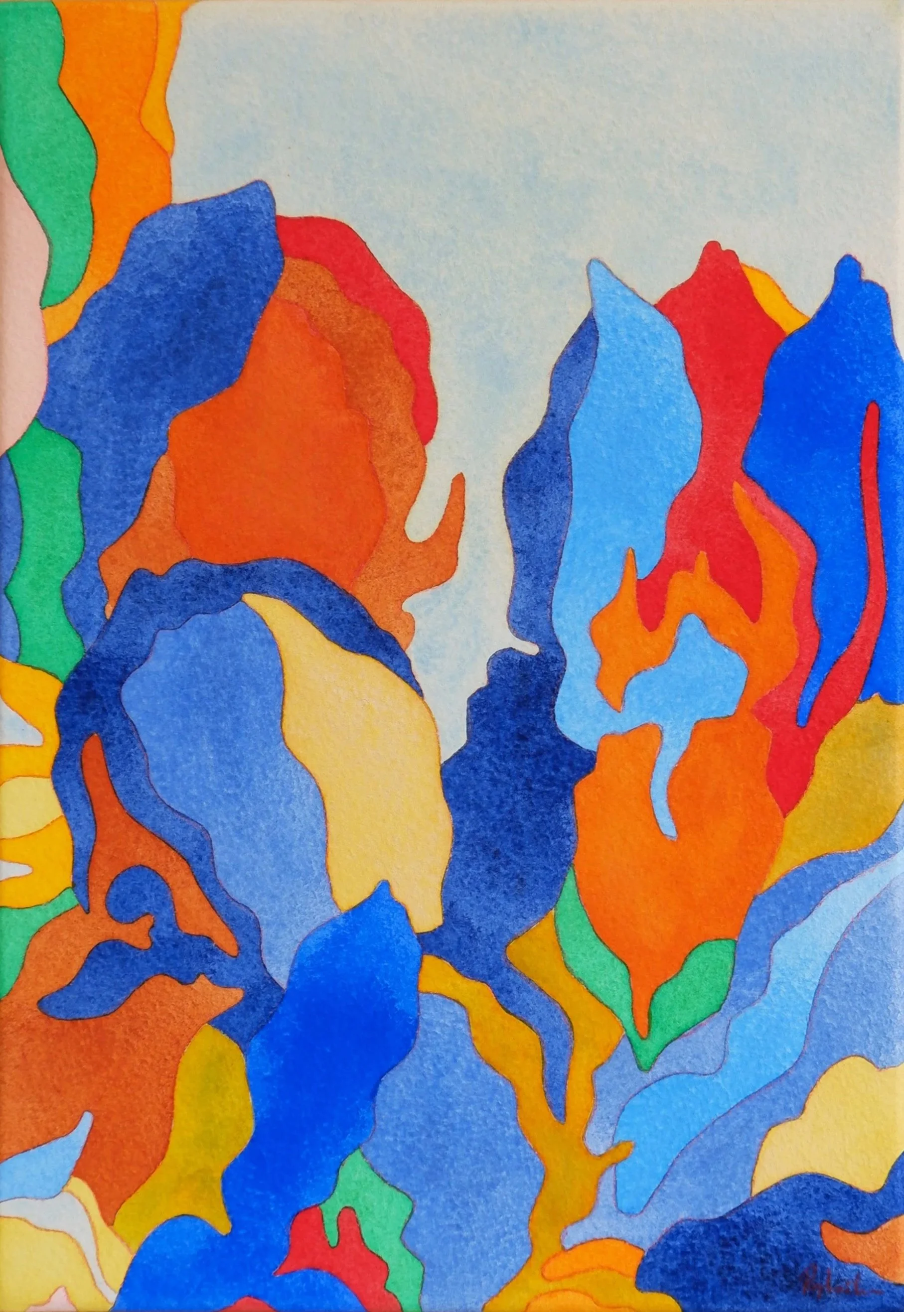 Une peinture abstraite avec des formes colorées en bleu, orange, rouge, vert et jaune.