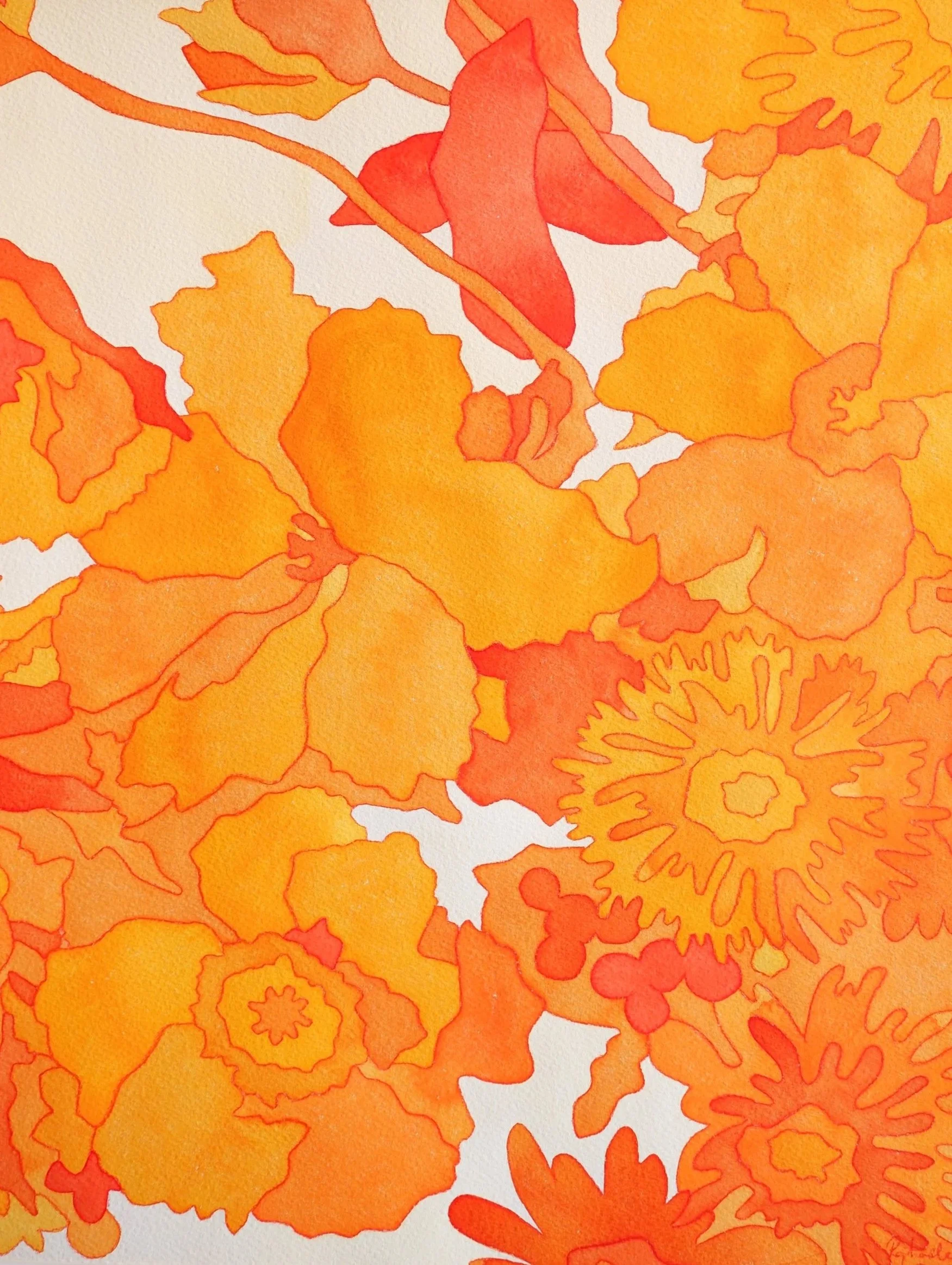 Une peinture aquarelle représentant des fleurs orange et jaunes avec des contours définis.