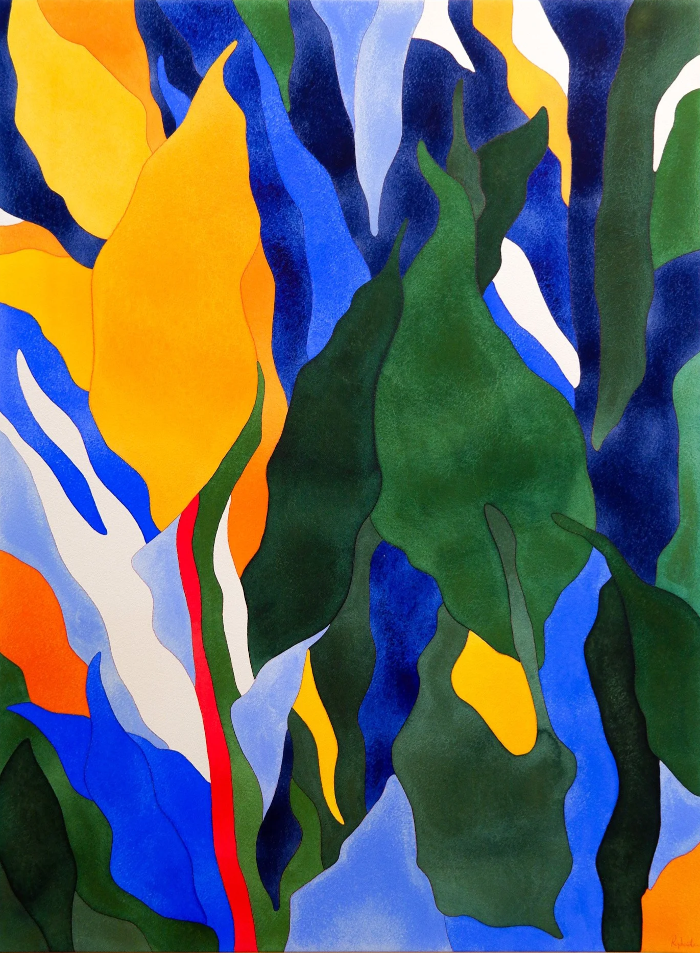 Une peinture abstraite représentant des feuilles vertes et des pétales jaunes, orange, bleus et blancs. Un fond majoritairement bleu avec des touches de vert et de rouge.