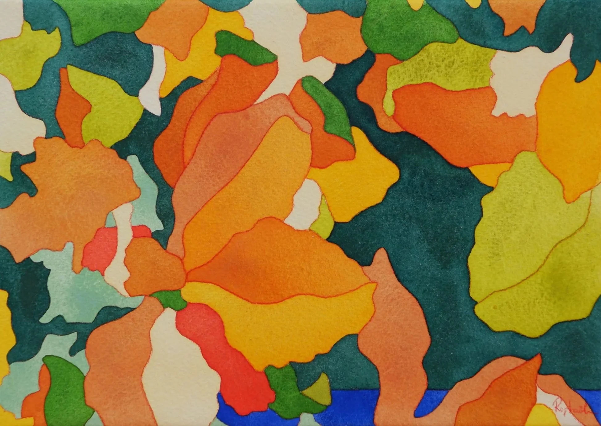 Une peinture abstraite avec des formes colorées, principalement orange, jaune, vert, blanc et bleu, sur fond blanc.