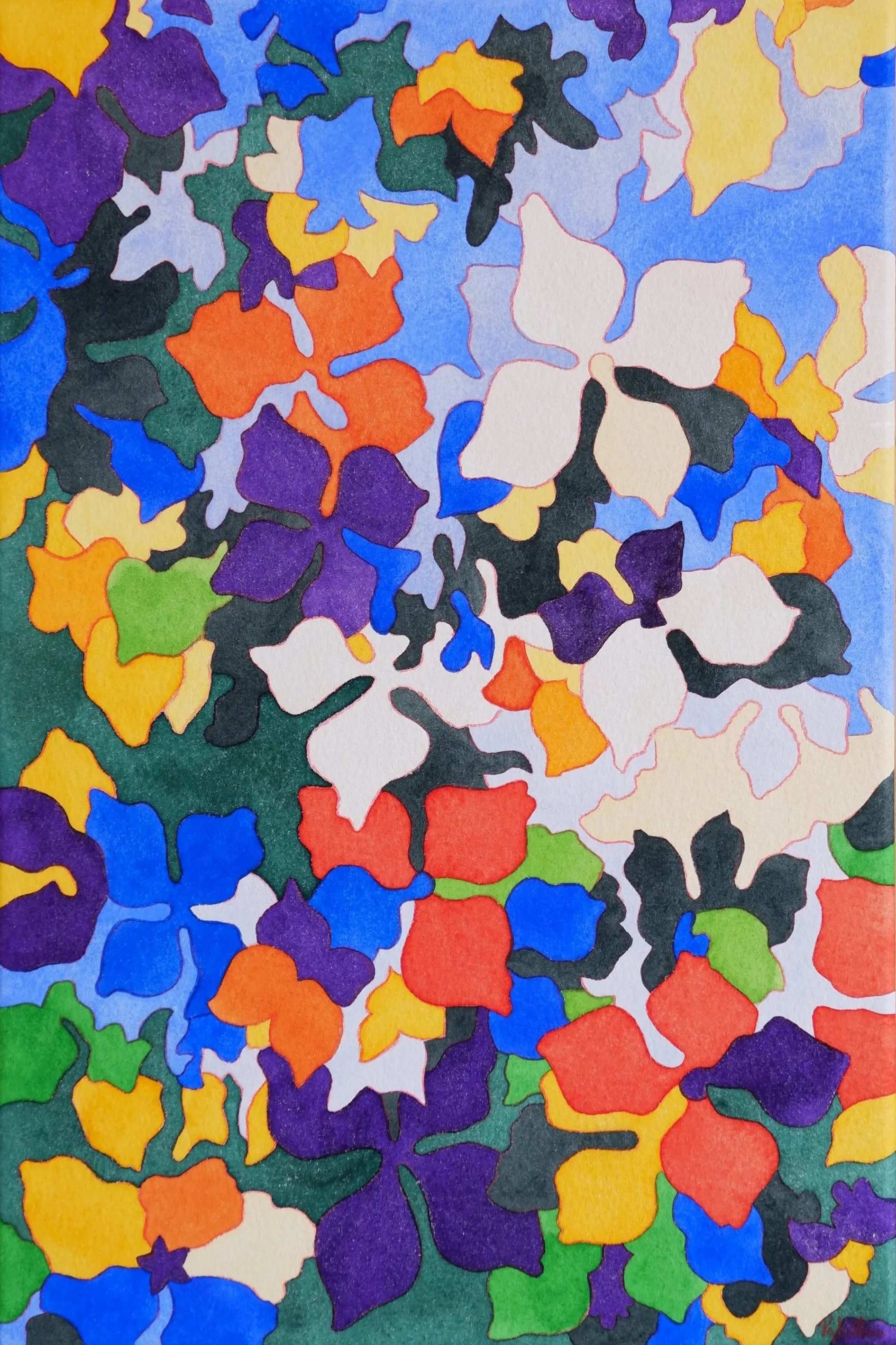 Une peinture abstraite composée de nombreux éclats colorés, principalement en violet, orange, vert, bleu, noir, blanc et jaune, formant un motif complexe et vibrant.