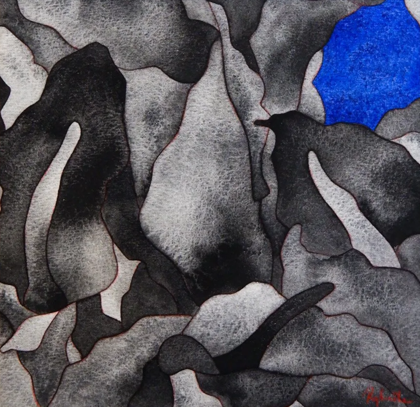 Une œuvre d'art abstraite composée de formes organiques en nuances de gris, avec une touche de bleu, ressemblant à un collage ou à une peinture mêlant différentes textures et contours finement dessinés.