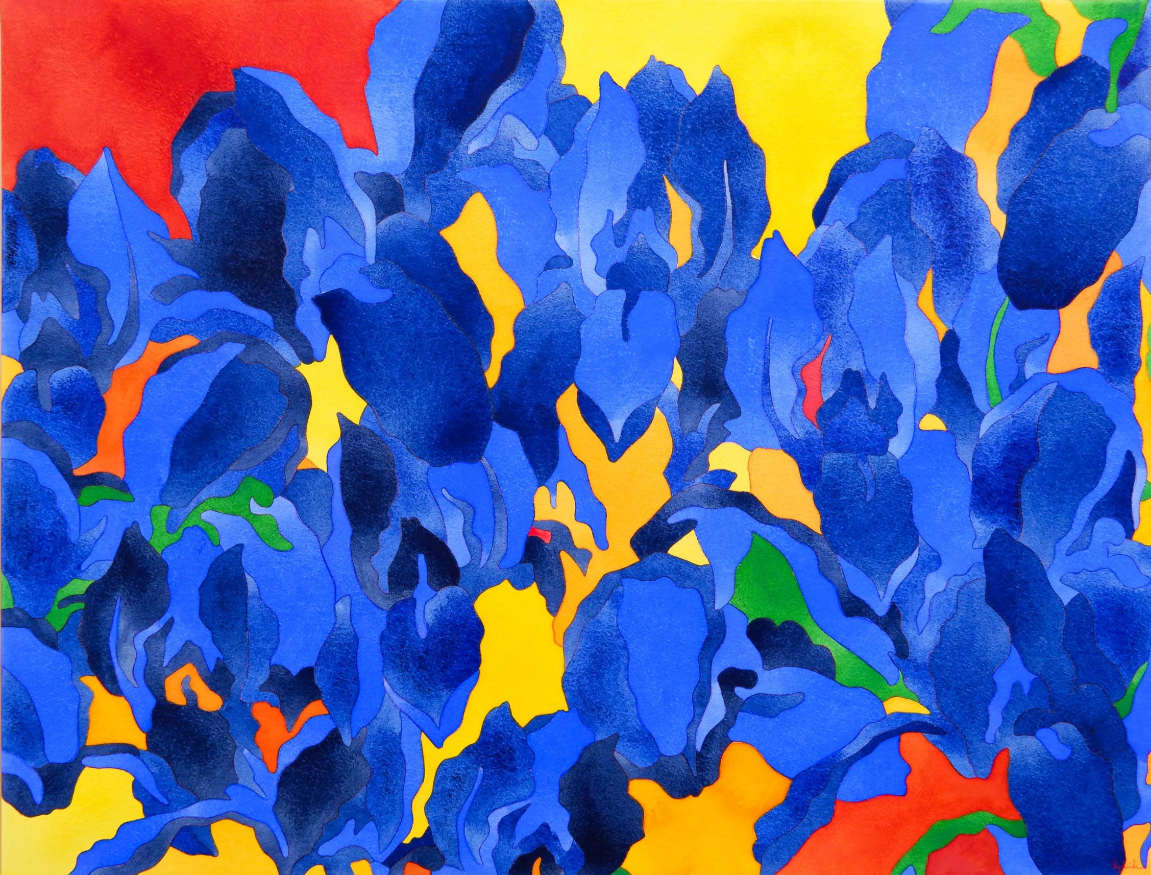 Une peinture abstraite avec des formes bleues, quelques touches vertes, rouges et orange sur un fond jaune.