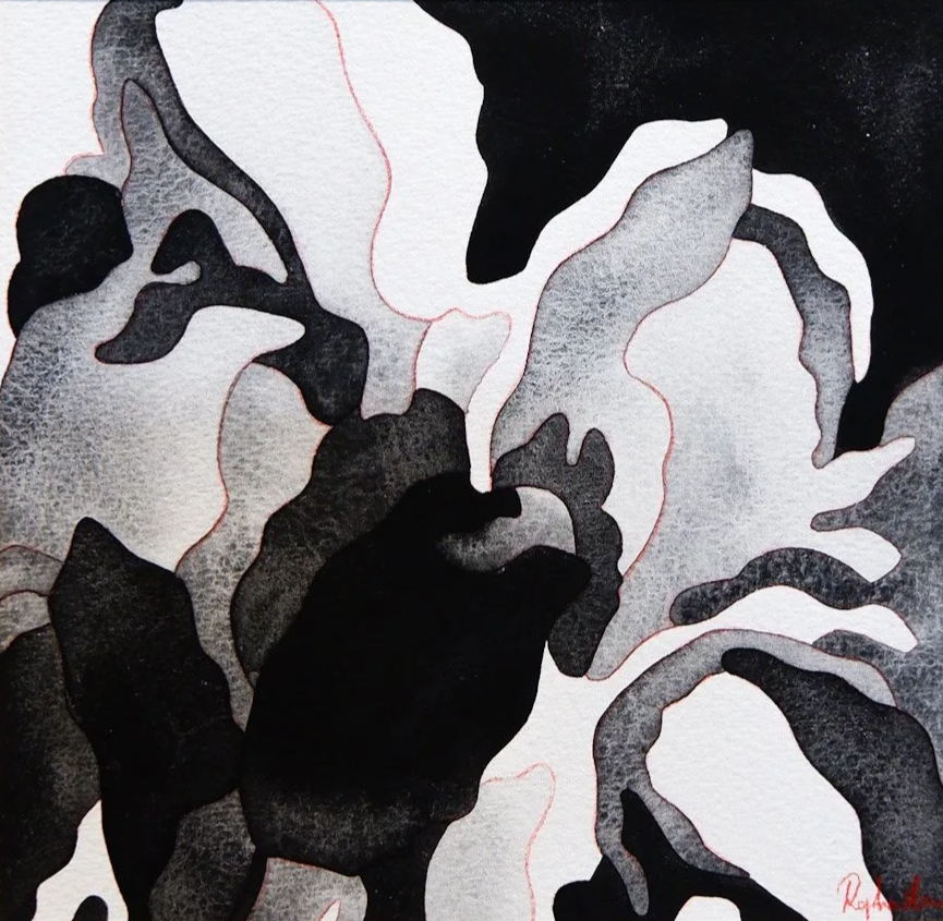 Une peinture abstraite en noir, blanc et gris avec des lignes fines rouges. Le style est expressionniste ou minimaliste.