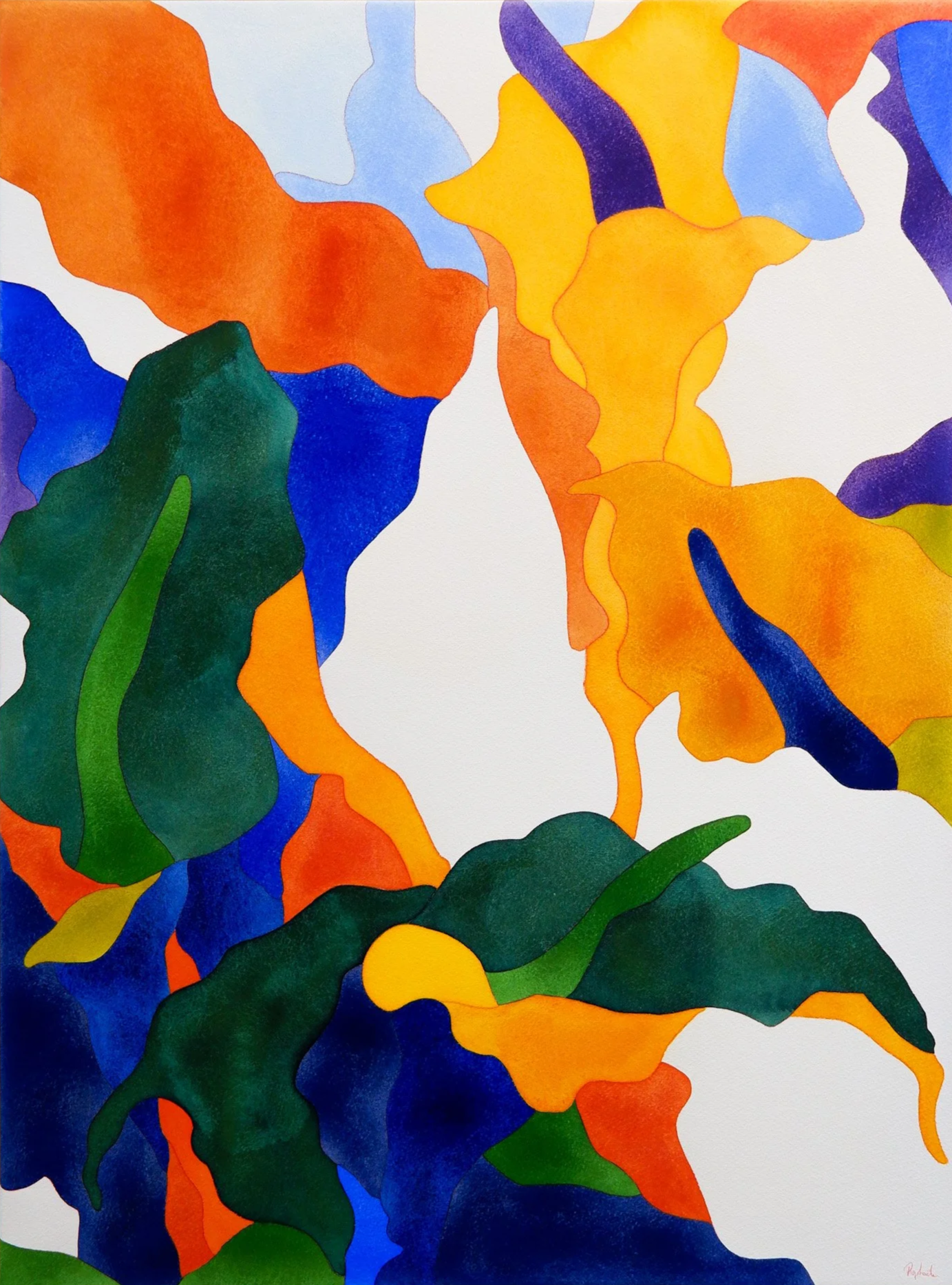 Peinture abstraite avec des formes organiques en couleurs vives comme orange, jaune, vert, bleu et violet, sans motifs spécifiques, évoquant une composition libre et expressive.