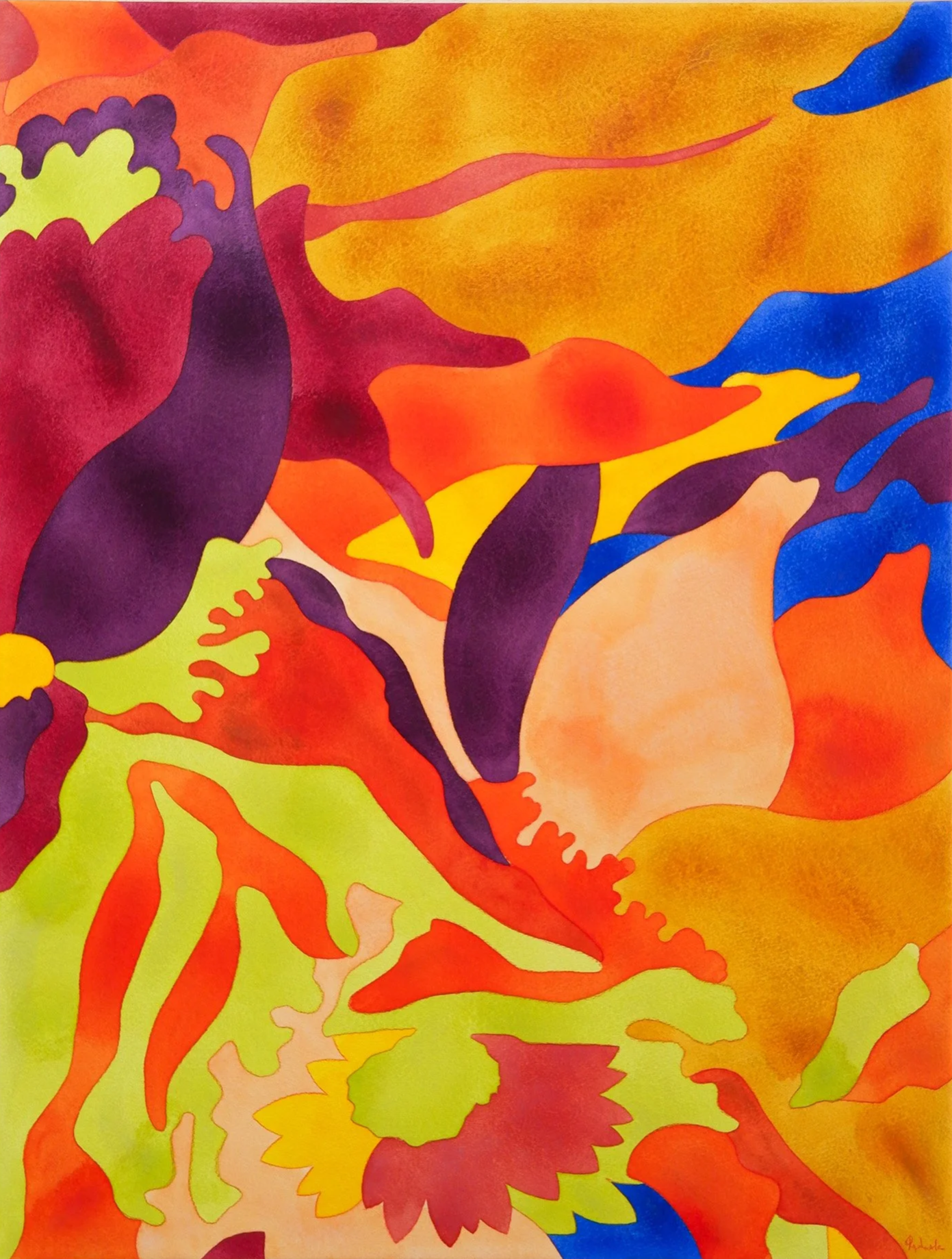 Une peinture abstraite avec des formes organiques de couleurs vives comme le violet, le rouge, le jaune, l'orange, le bleu et le beige.