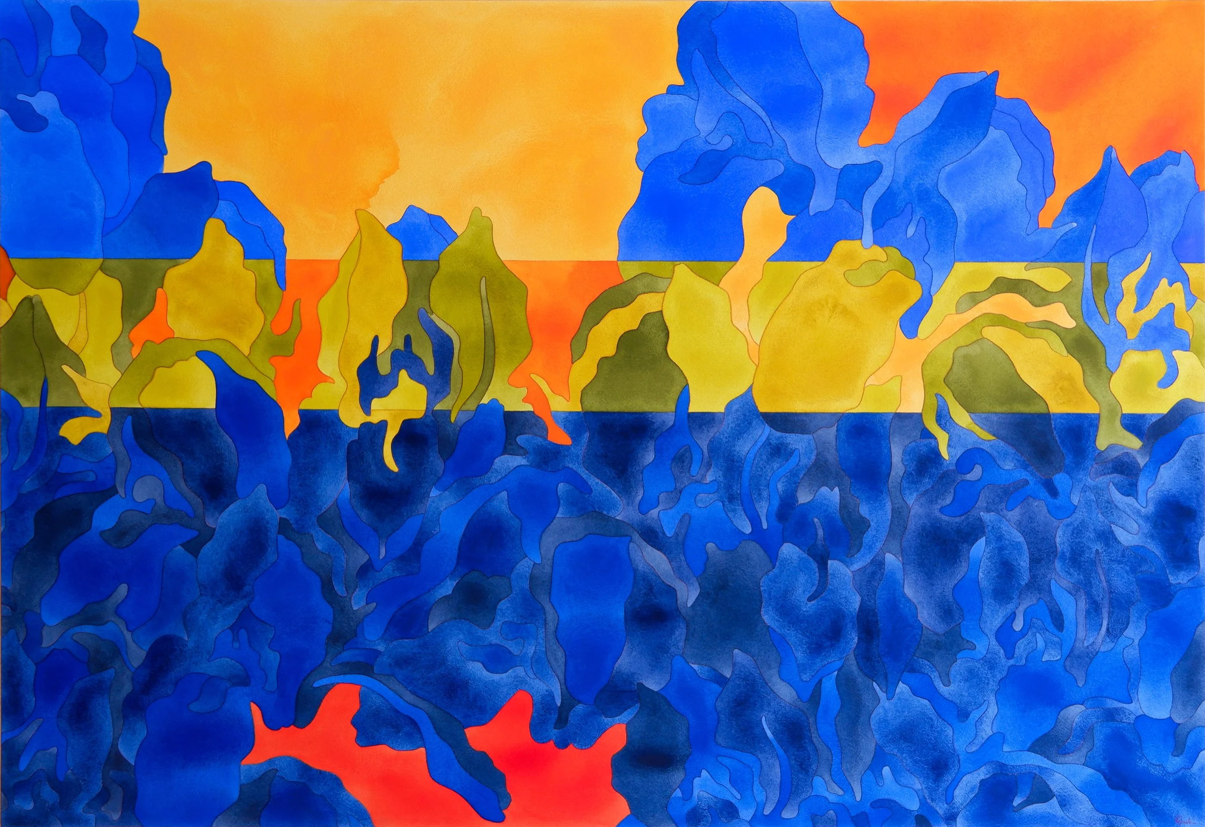 Une peinture abstraite avec des formes organiques en nuances de bleu, vert, jaune, orange et rouge, représentant un paysage stylisé avec un ciel orange et une surface d'eau bleue.