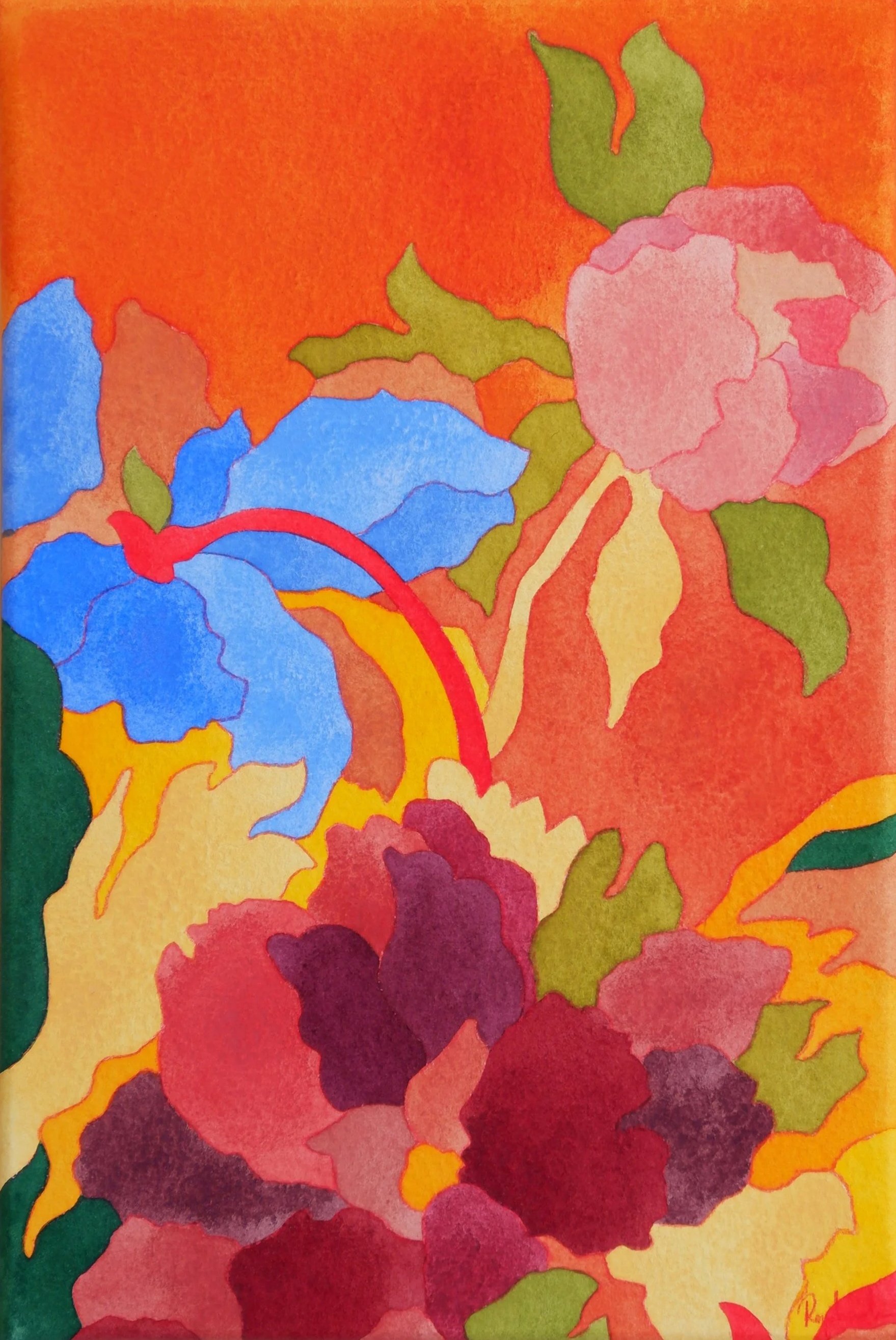 Une peinture abstraite avec des fleurs colorées, principalement en rouge, violet, bleu, vert, jaune et orange, sur un fond orange.