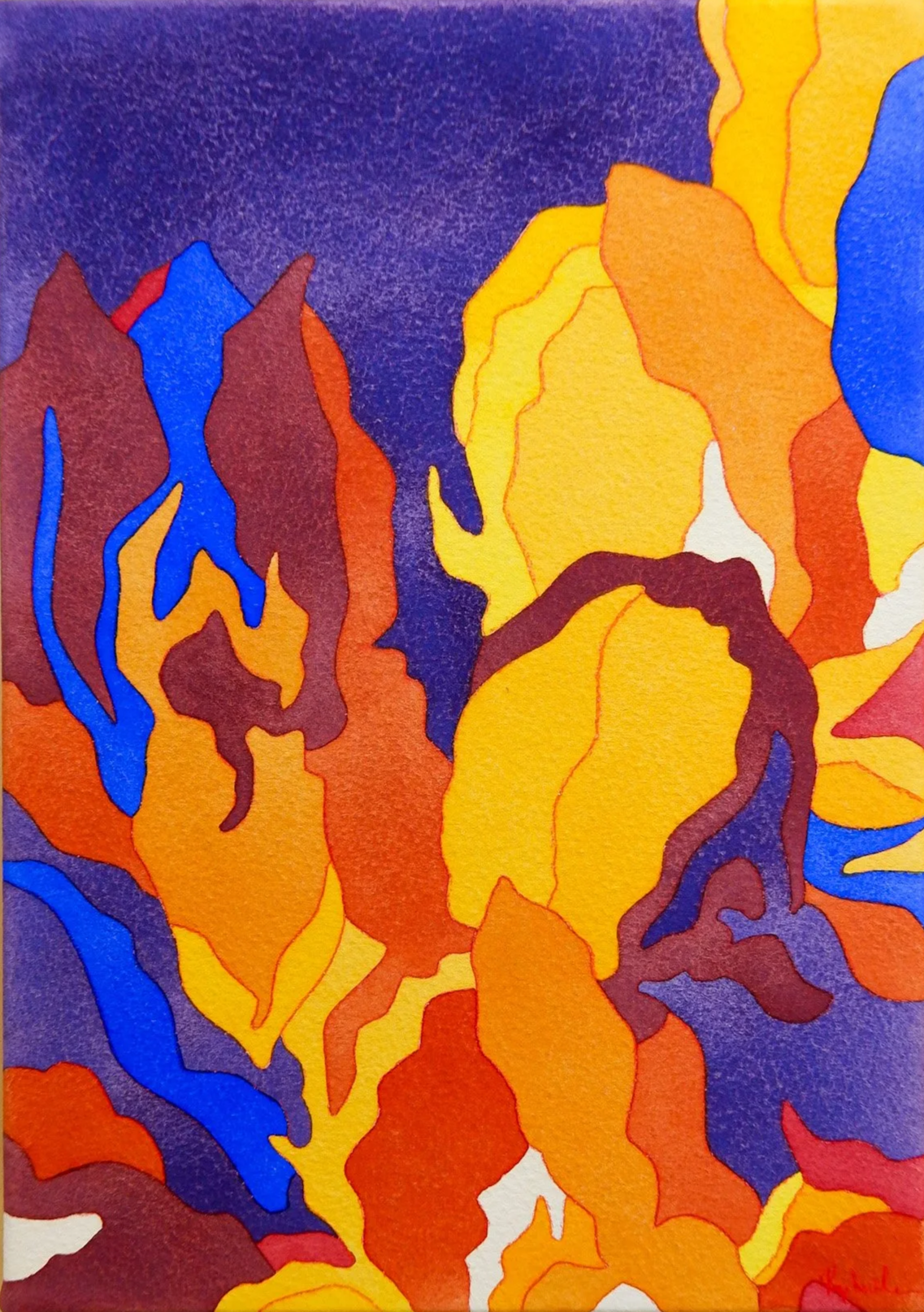 Une peinture abstraite avec des formes colorées en orange, jaune, bleu et rouge sur un fond violet.