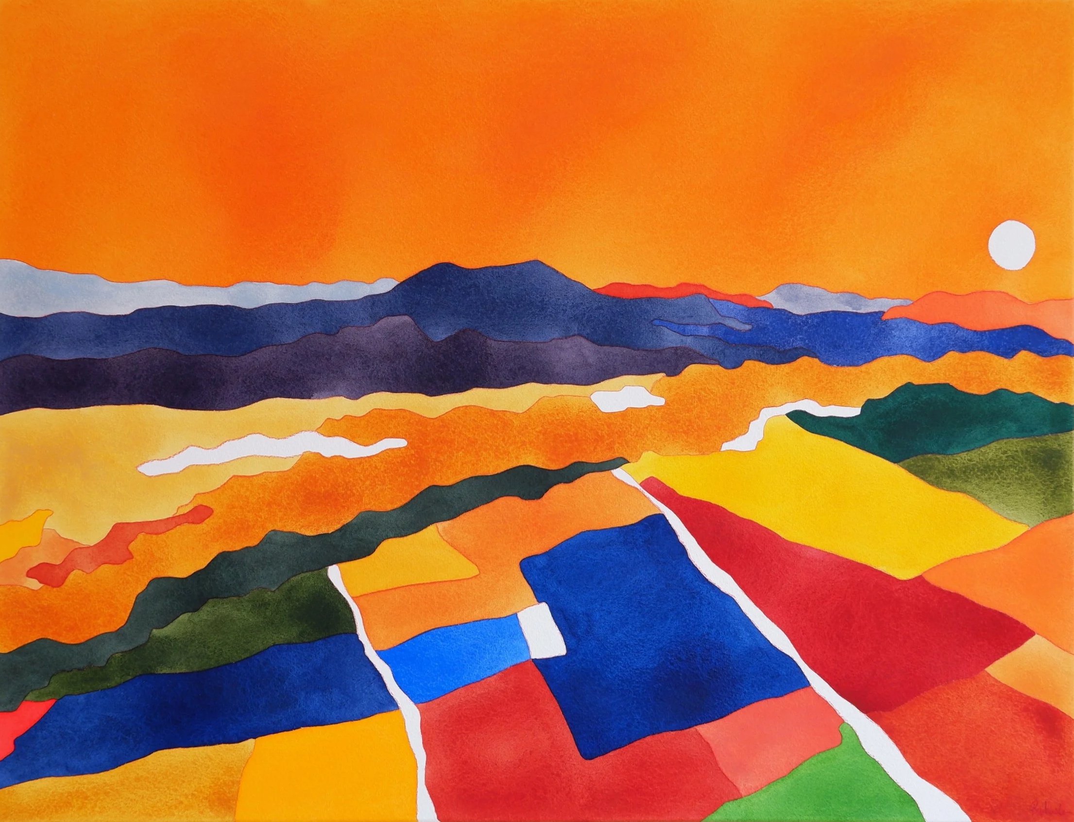 Paysage coloré avec montagnes, rivières et un soleil