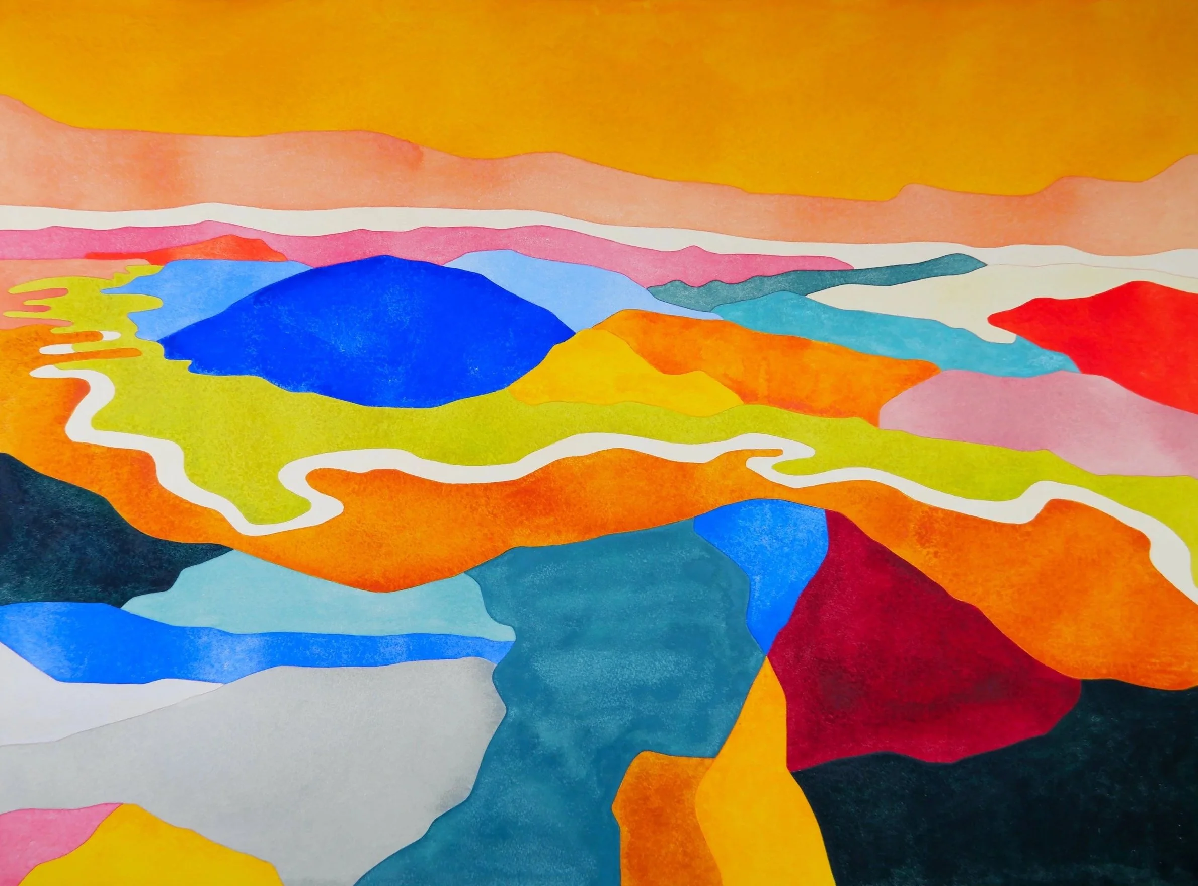 Une peinture abstraite avec des formes ondulées colorées en tons vifs, tels que le bleu, le rouge, l'orange, le jaune, le vert et le rose, sur un fond jaune et blanc.