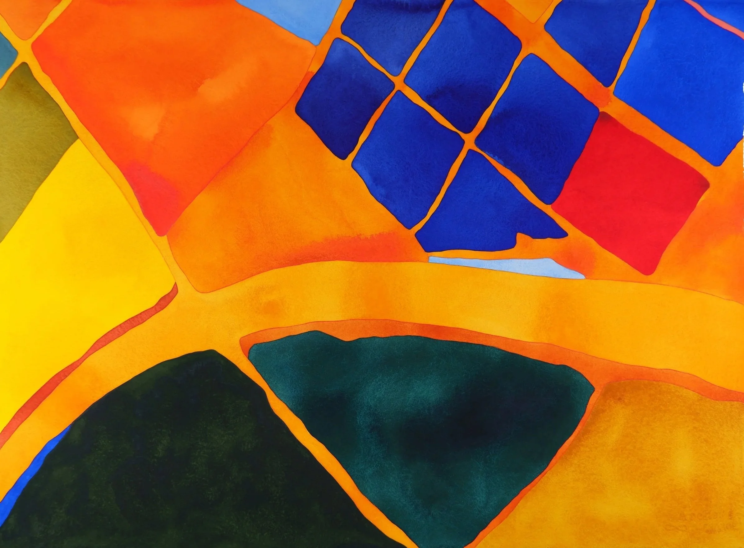 Une peinture abstraite avec des formes géométriques colorées en jaune, orange, bleu, vert et noir, délimitées par des traits orange.