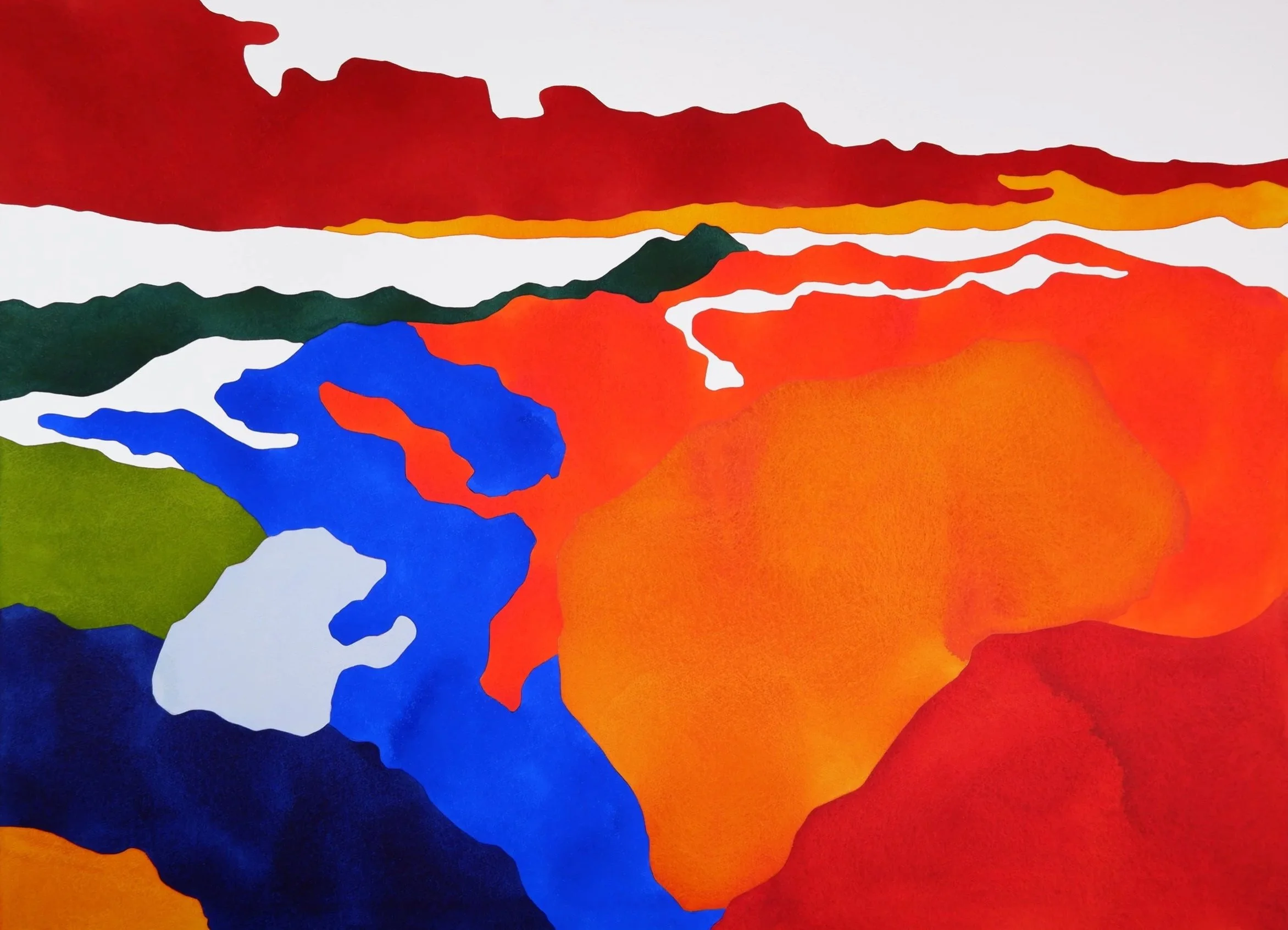 Une œuvre d'art abstraite avec des formes colorées représentant une scène de paysage avec des montagnes, des rivières et un ciel rouge, orange, vert, blanc, et bleu.