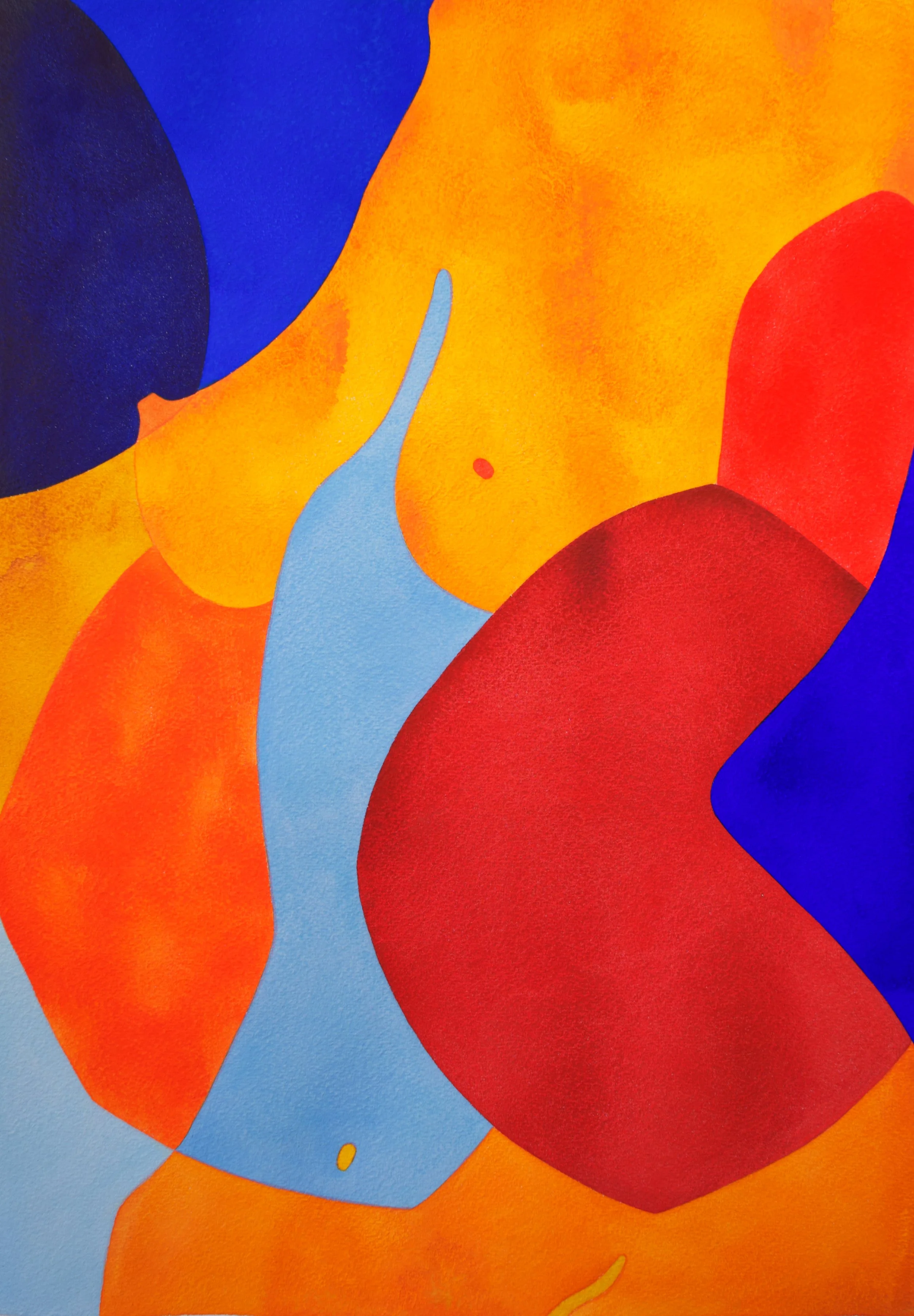 Une peinture abstraite aux couleurs vives : bleu, rouge, orange, jaune.