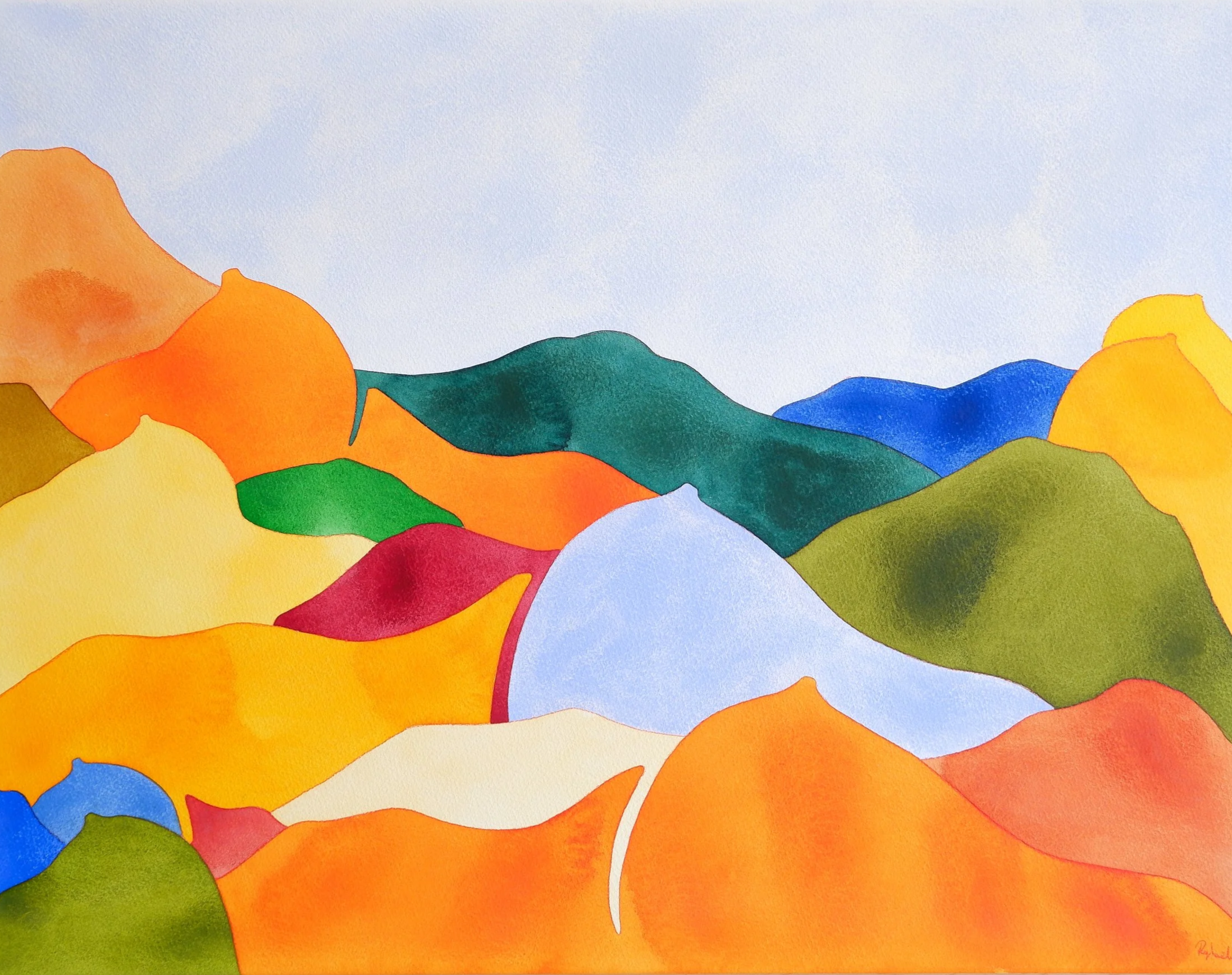 Une peinture abstraite avec des formes colorées représentant des montagnes dans des tons orange, jaune, vert, bleu et rouge, sous un ciel bleu clair.