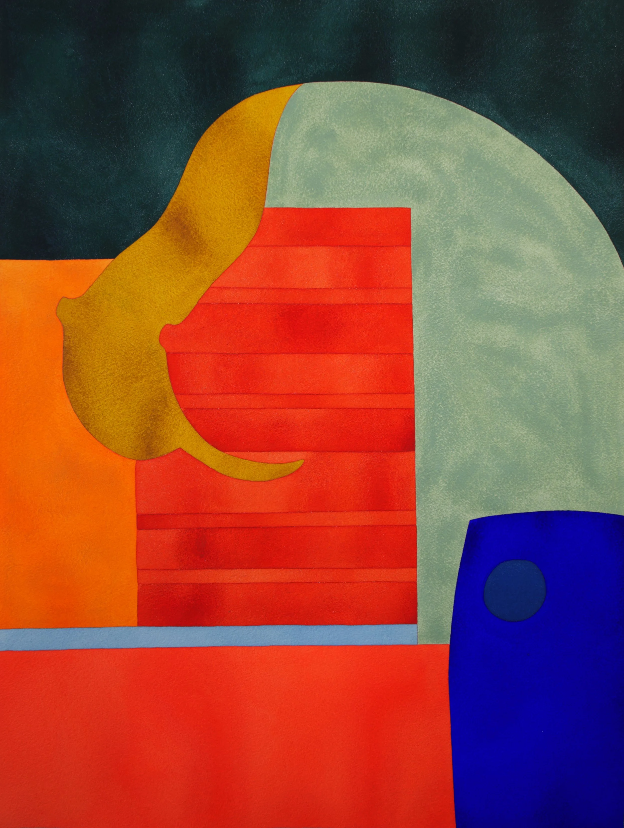 Une œuvre d'art abstraite avec des formes géométriques de différentes couleurs dont orange, vert, rouge, bleu et jaune.