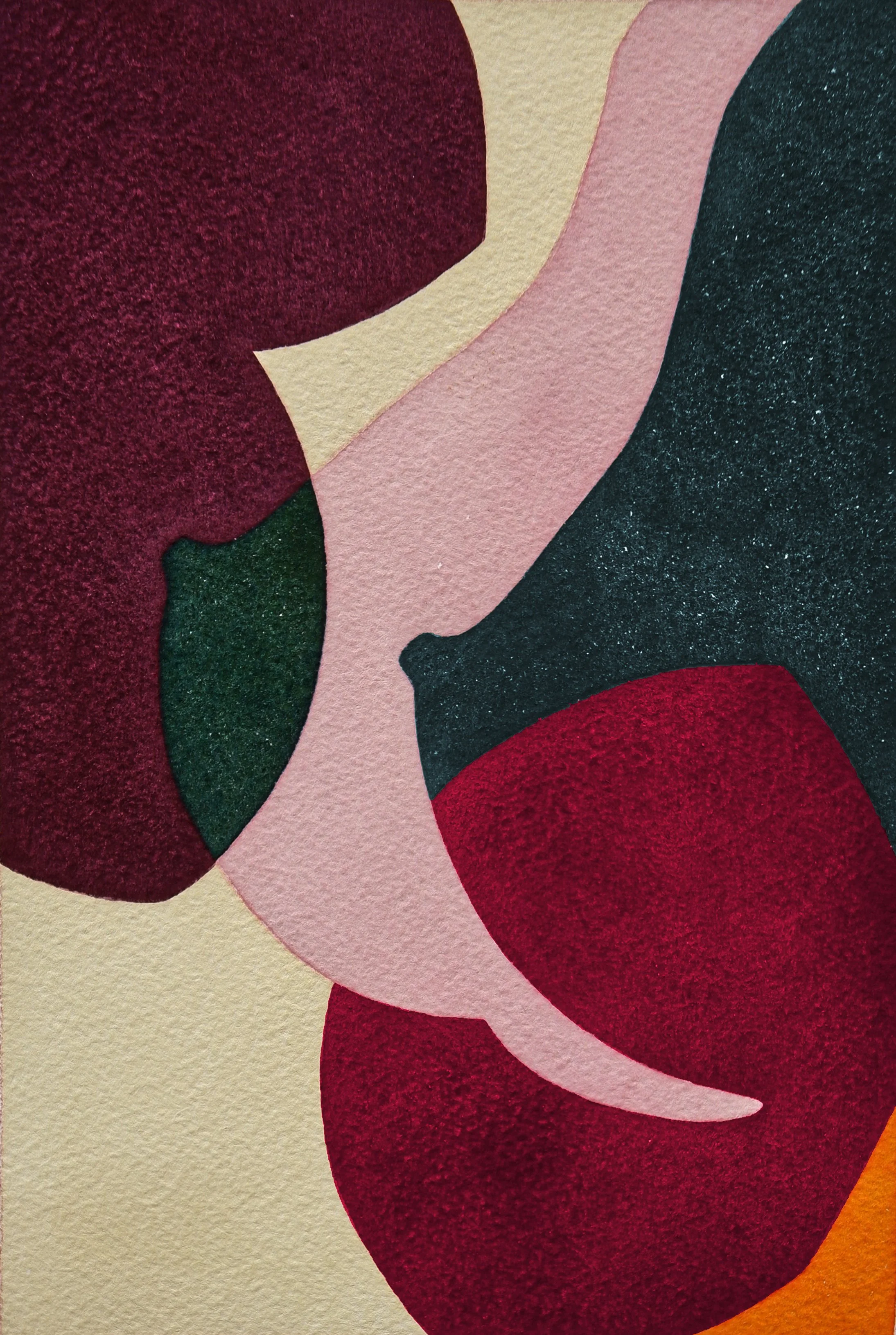 Une peinture abstraite avec des formes organiques colorées en rouge, rose, vert, beige et orange.