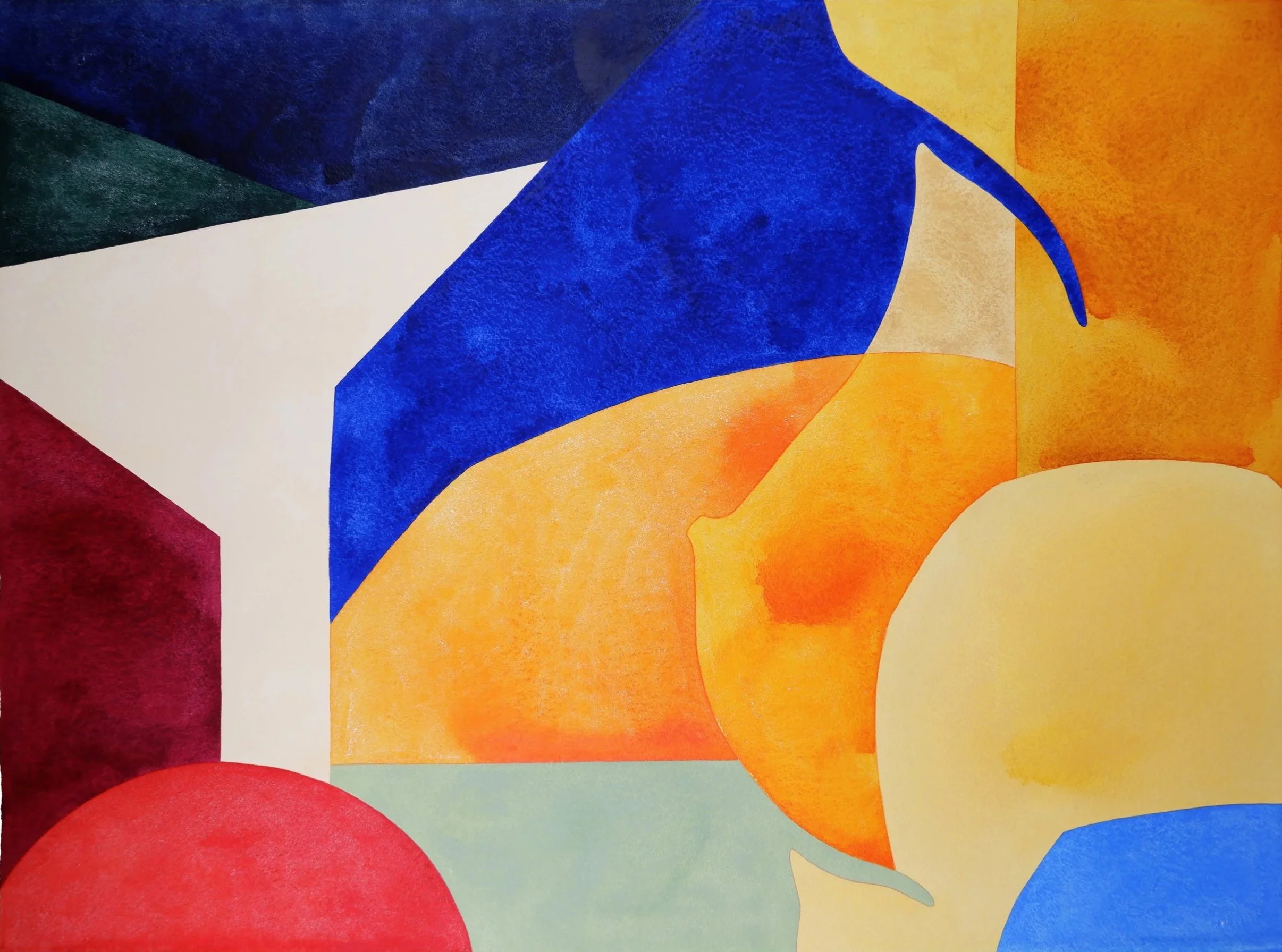 Une œuvre d'art abstraite avec des formes géométriques colorées en bleu, jaune, rouge, orange, vert et blanc.