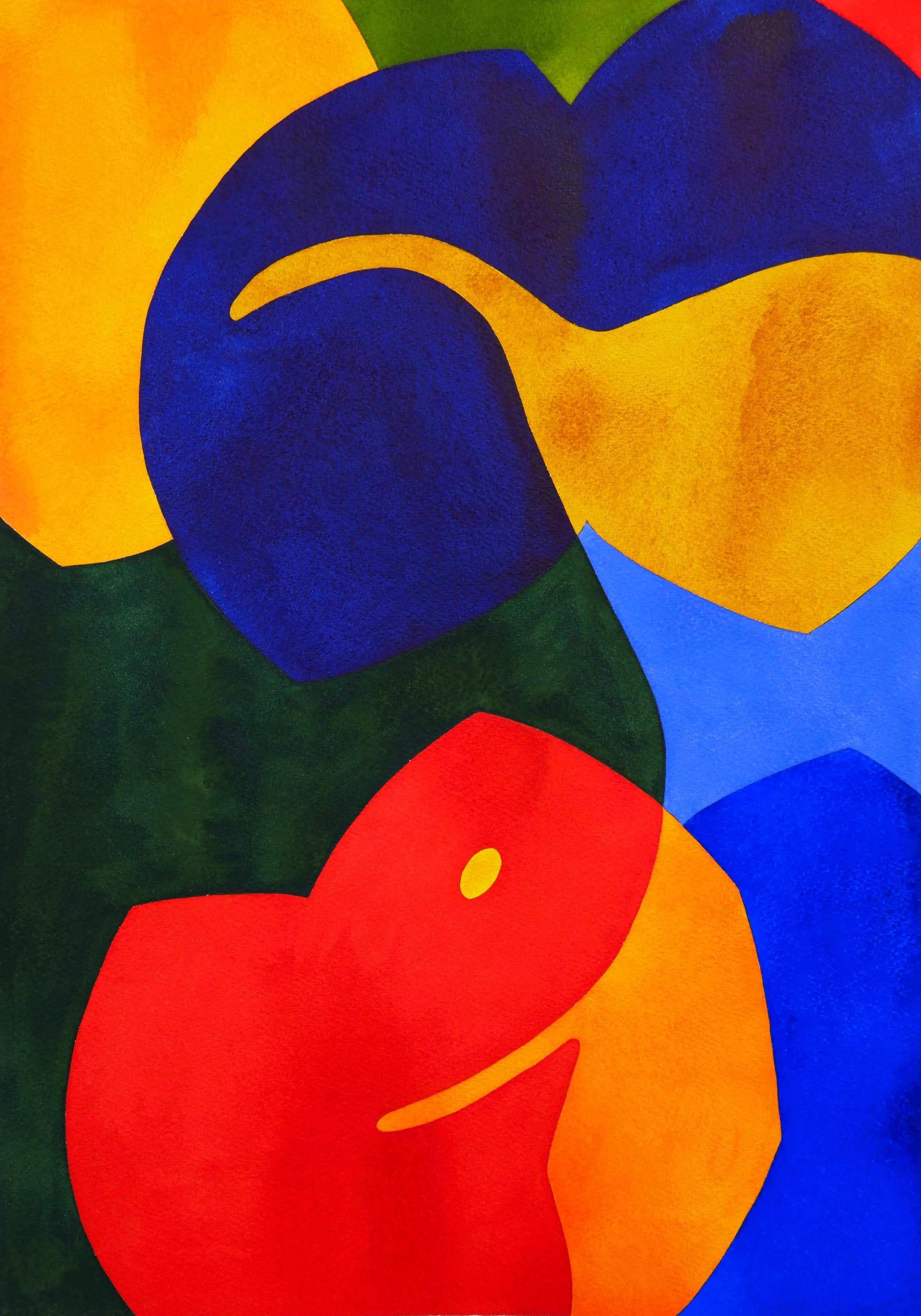 Une œuvre d'art abstraite avec des formes fluides et des couleurs vives comme le rouge, le jaune, le bleu, le vert et l'orange.