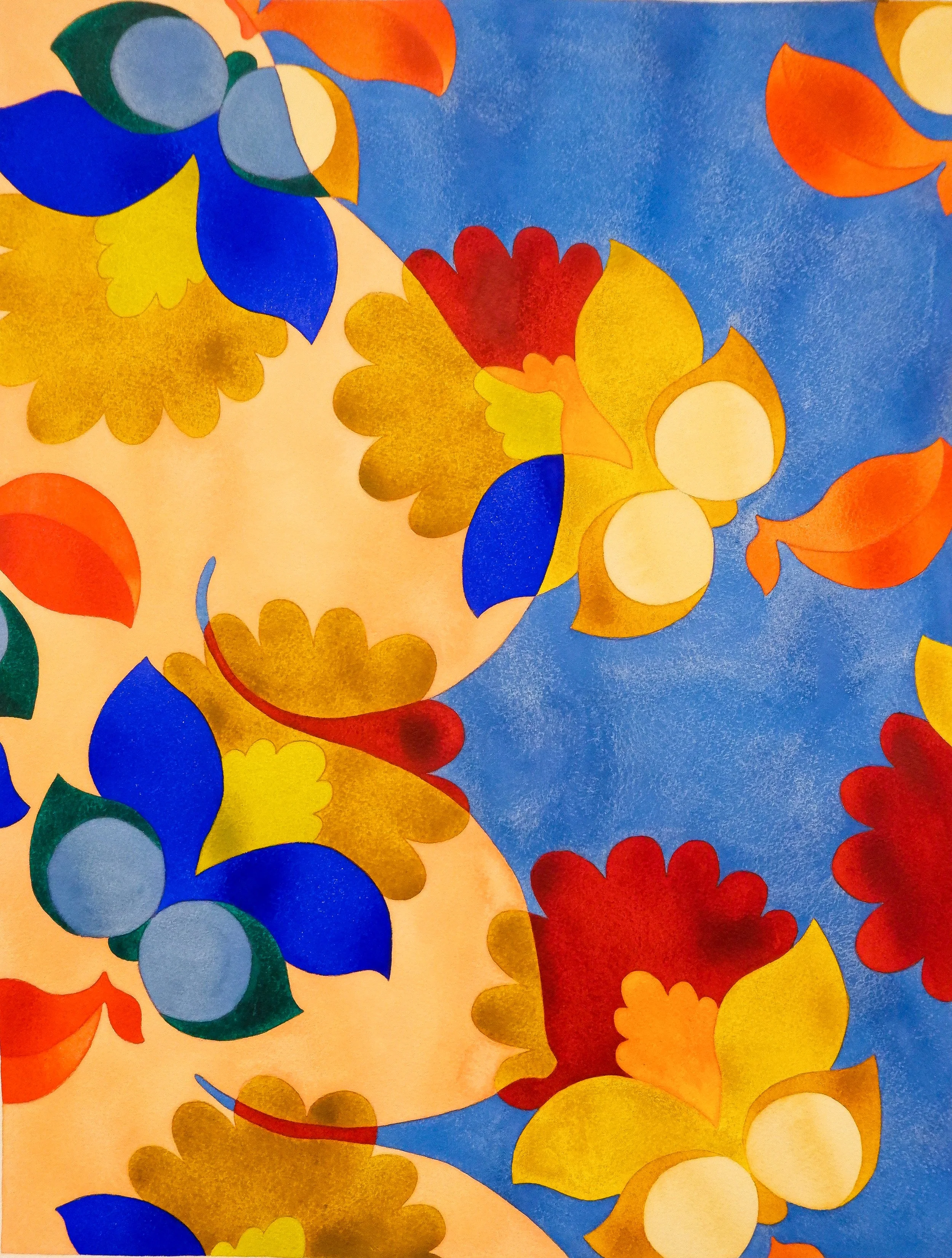 Un tissu avec un motif coloré de feuilles et de fleurs dans des tons tels que le jaune, le rouge, le bleu, le vert et l'orange.