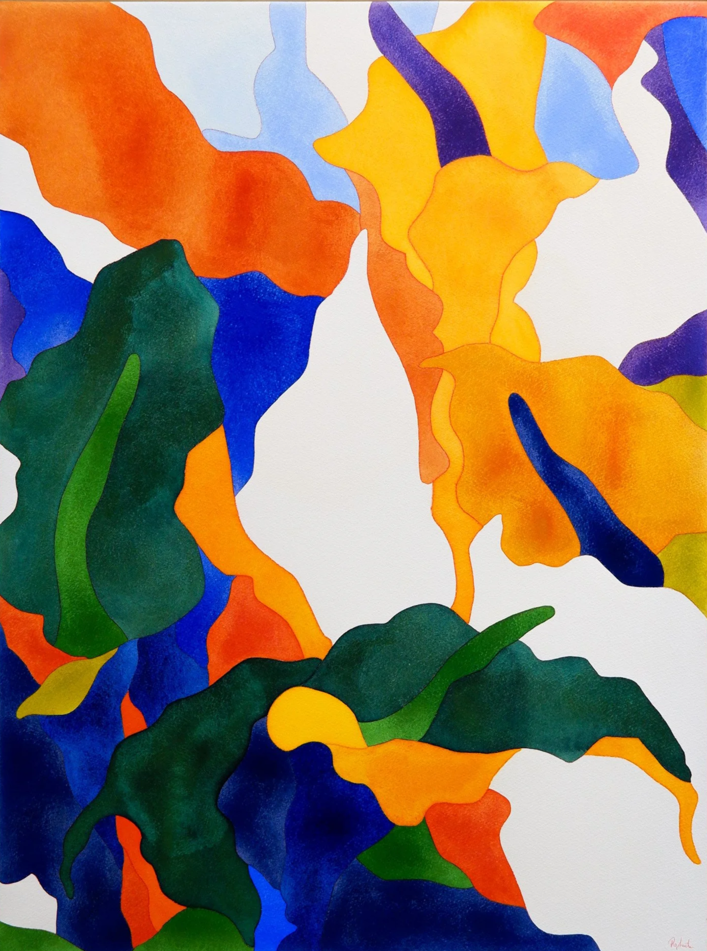 Une peinture abstraite aux couleurs vives avec des formes organiques fluides dans des tons d'orange, de bleu, de vert, de jaune et de violet.
