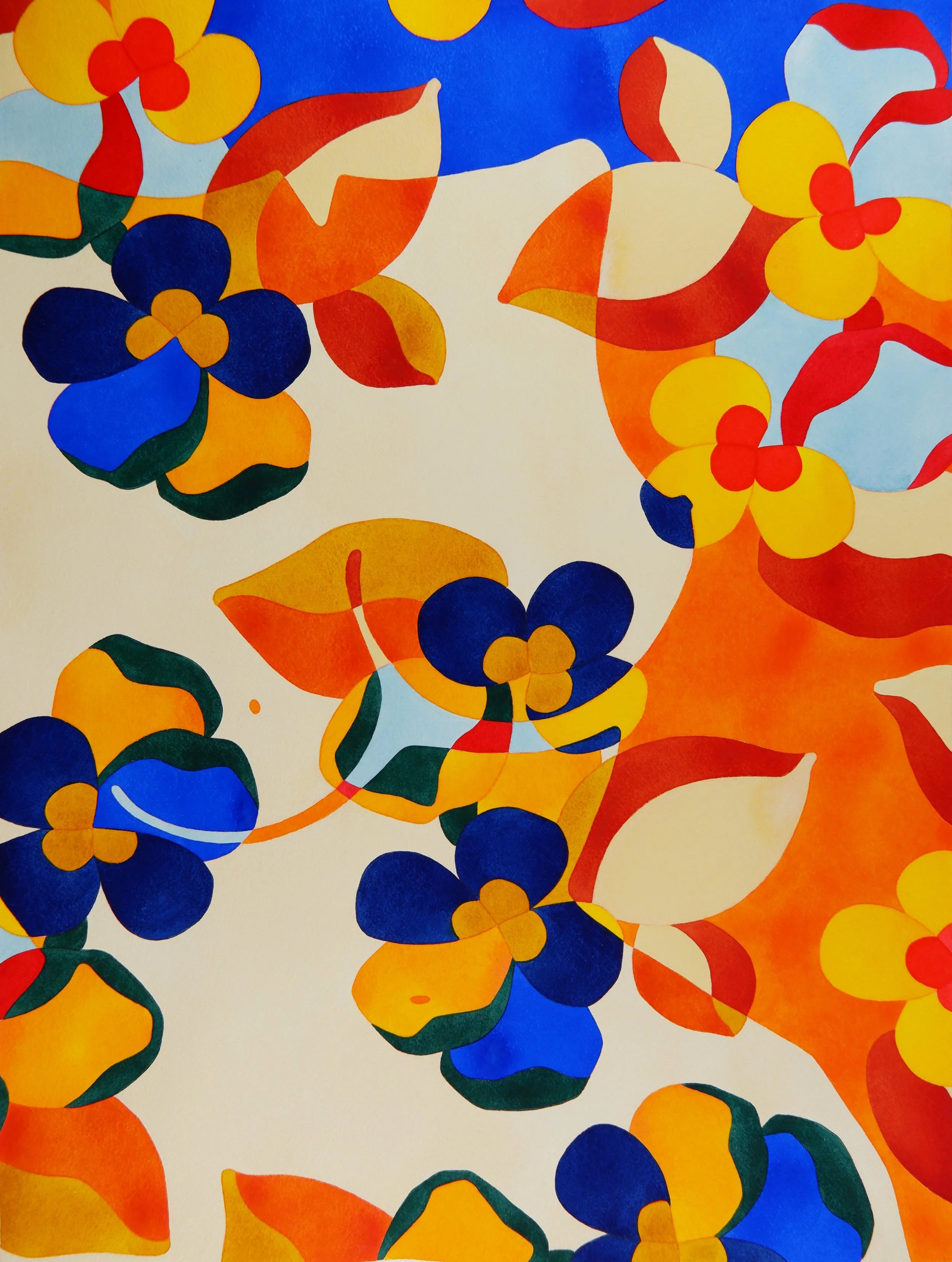 Une peinture abstraite avec des fleurs colorées en bleu, jaune, orange, rouge et vert sur un fond blanc.
