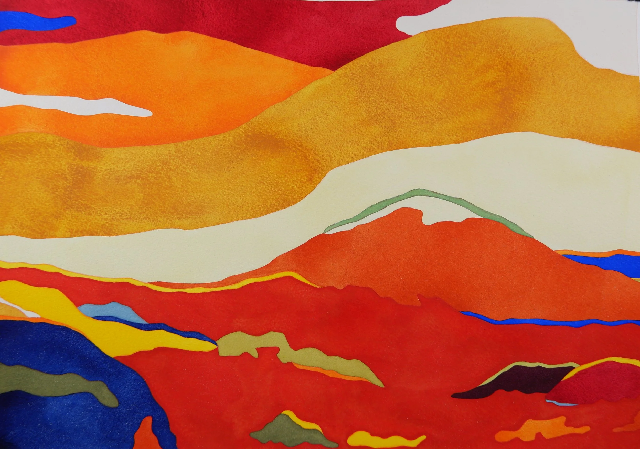 Une peinture abstraite avec des formes ondulées de couleurs rouge, orange, jaune, vert, bleu, blanc et noir.