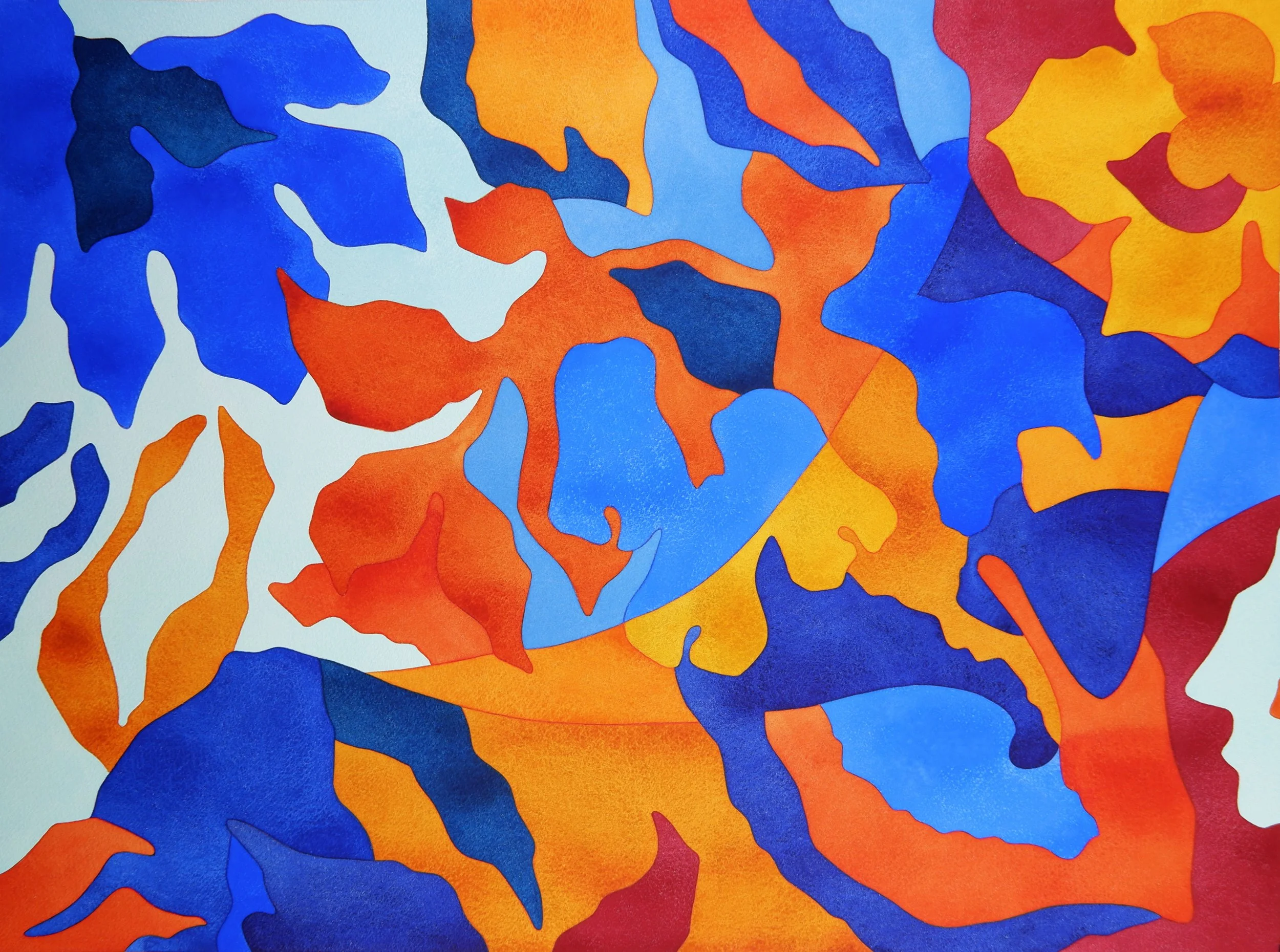 Une peinture abstraite avec des formes fluides et colorées en nuances de bleu, orange, rouge, jaune et noir.