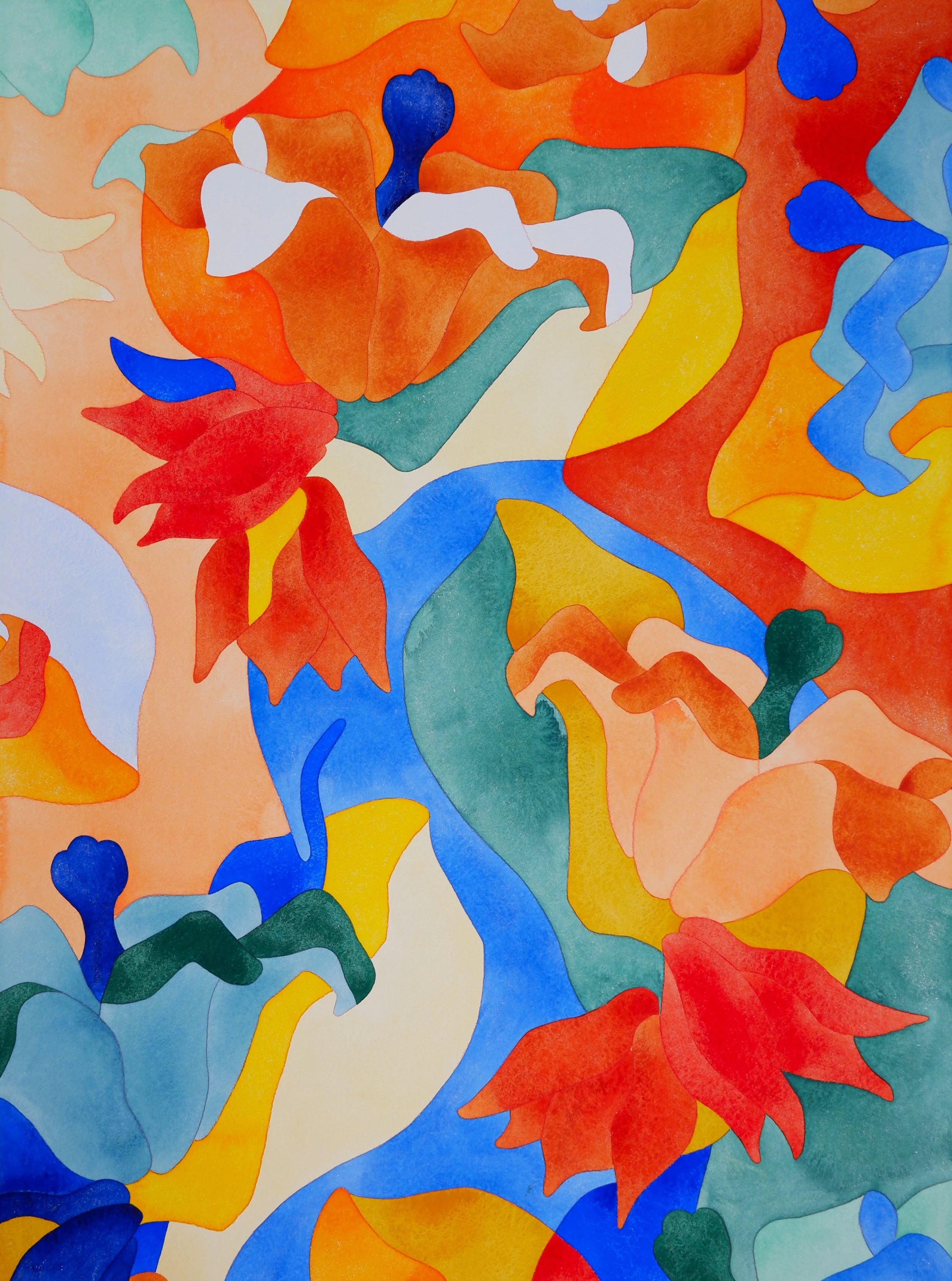 Une peinture abstraite avec des formes colorées en vert, bleu, orange, rouge, jaune et beige.