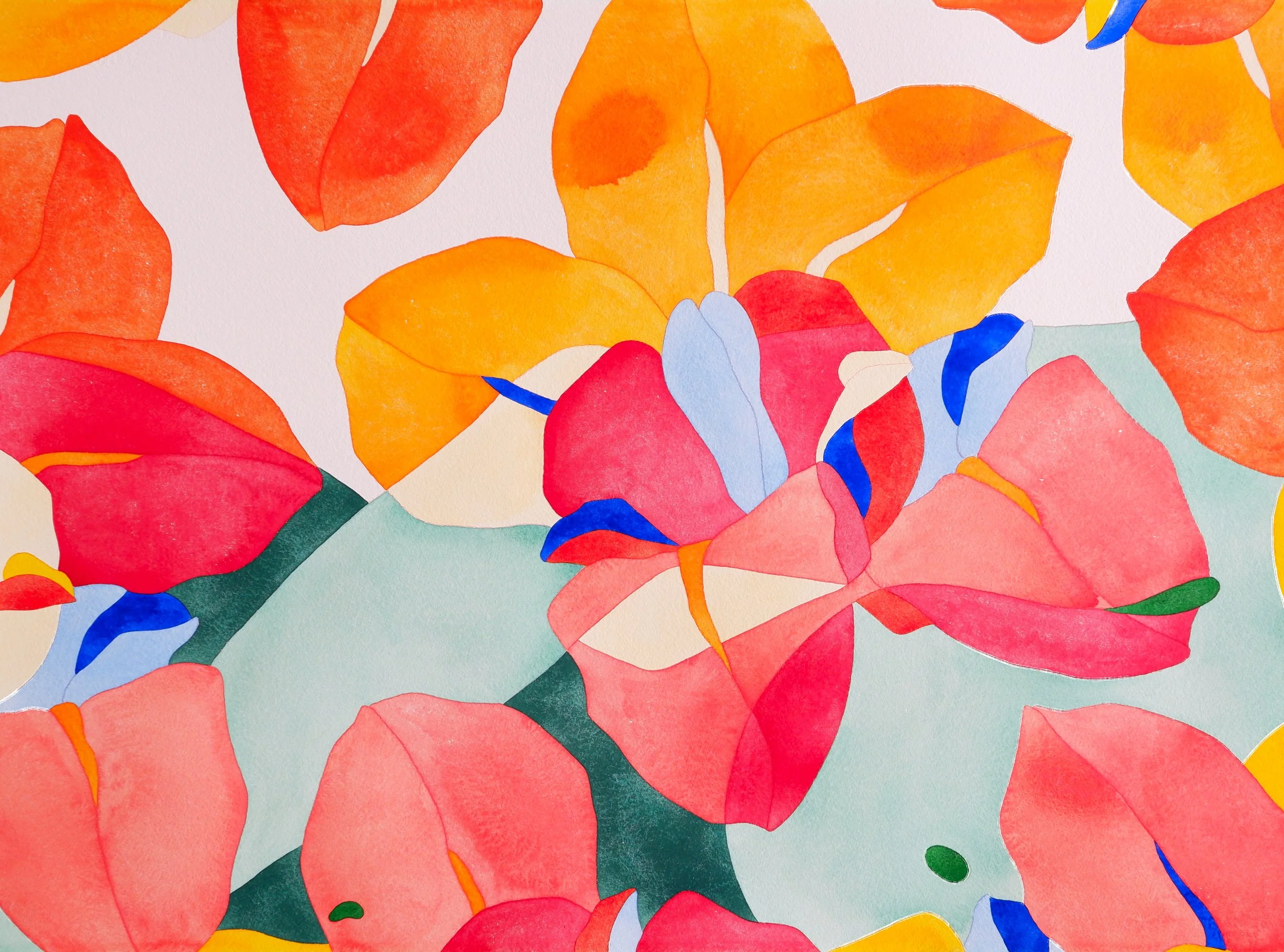 Peinture abstraite de feuilles d'automne en orange, rouge, jaune, bleu et vert sur fond blanc.