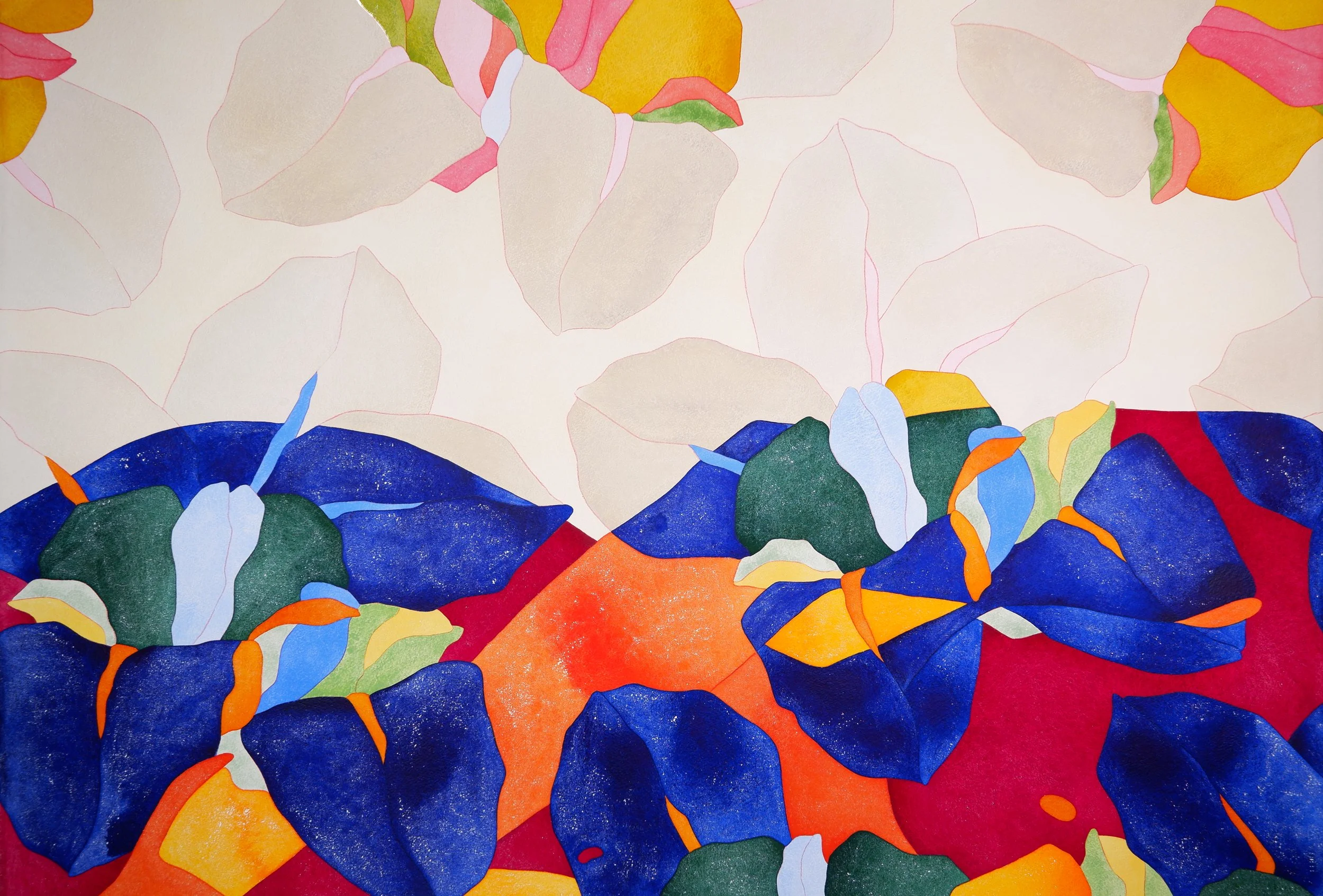 Une création artistique abstraite aux couleurs vives, comprenant des formes organiques et des éclats de couleurs telles que le bleu, le orange, le vert, le blanc, le rouge et le jaune.
