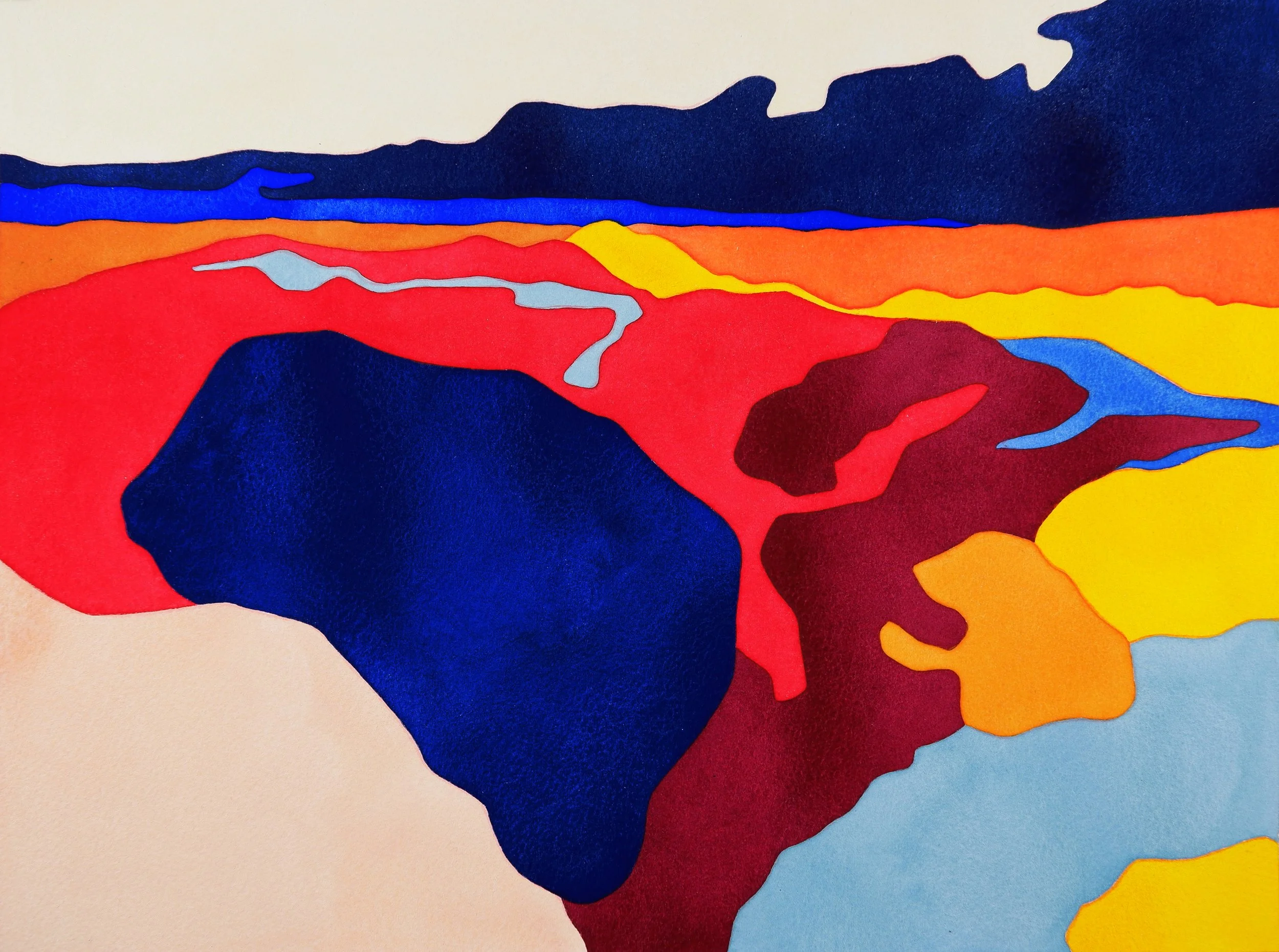 Une création artistique abstraite avec des formes colorées en bleu, rouge, jaune, orange, gris et noir sur fond blanc.