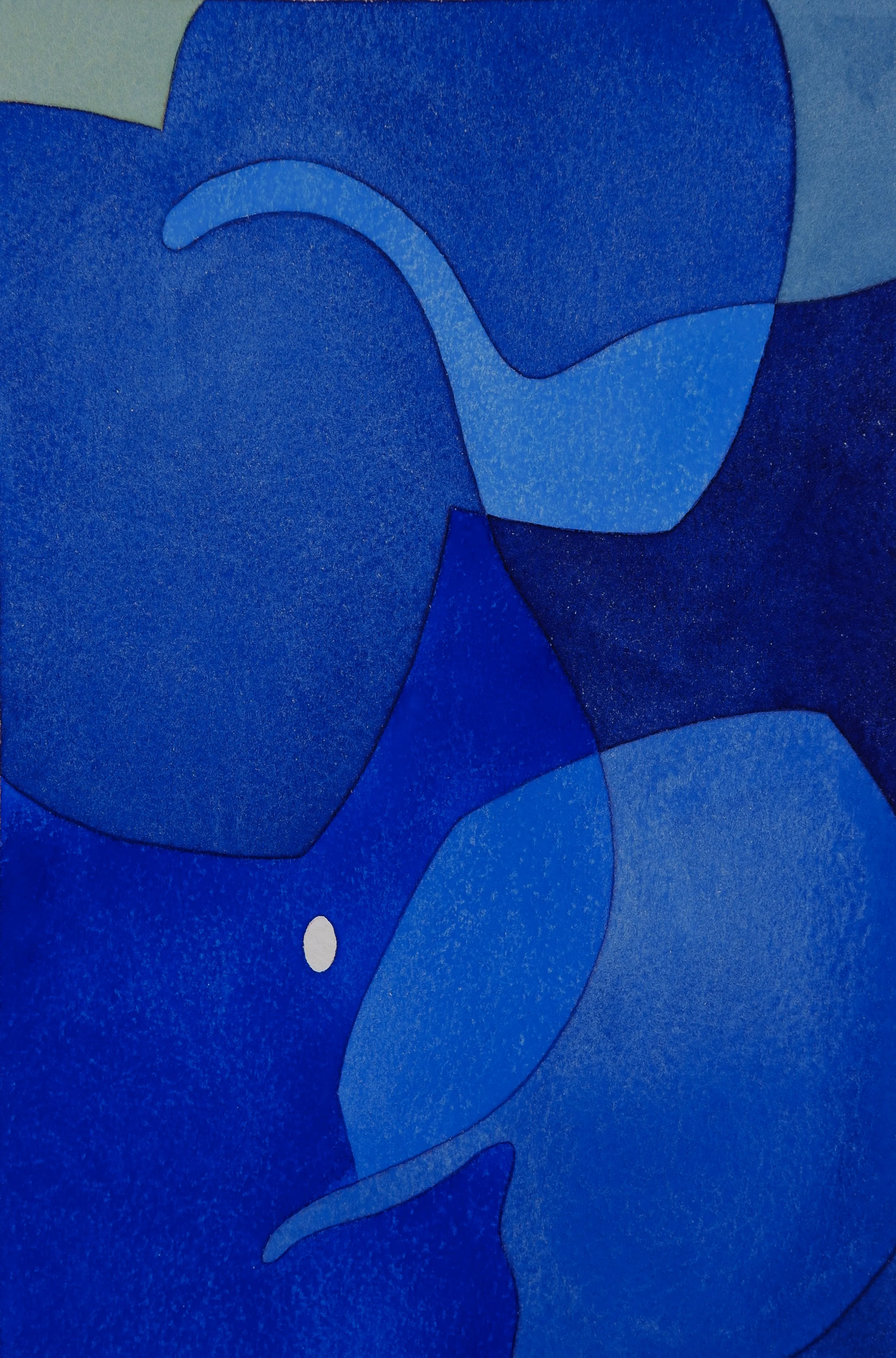 Une œuvre d'art abstraite avec des formes organiques bleues sur un fond bleu. Il y a aussi un petit cercle blanc à la base.