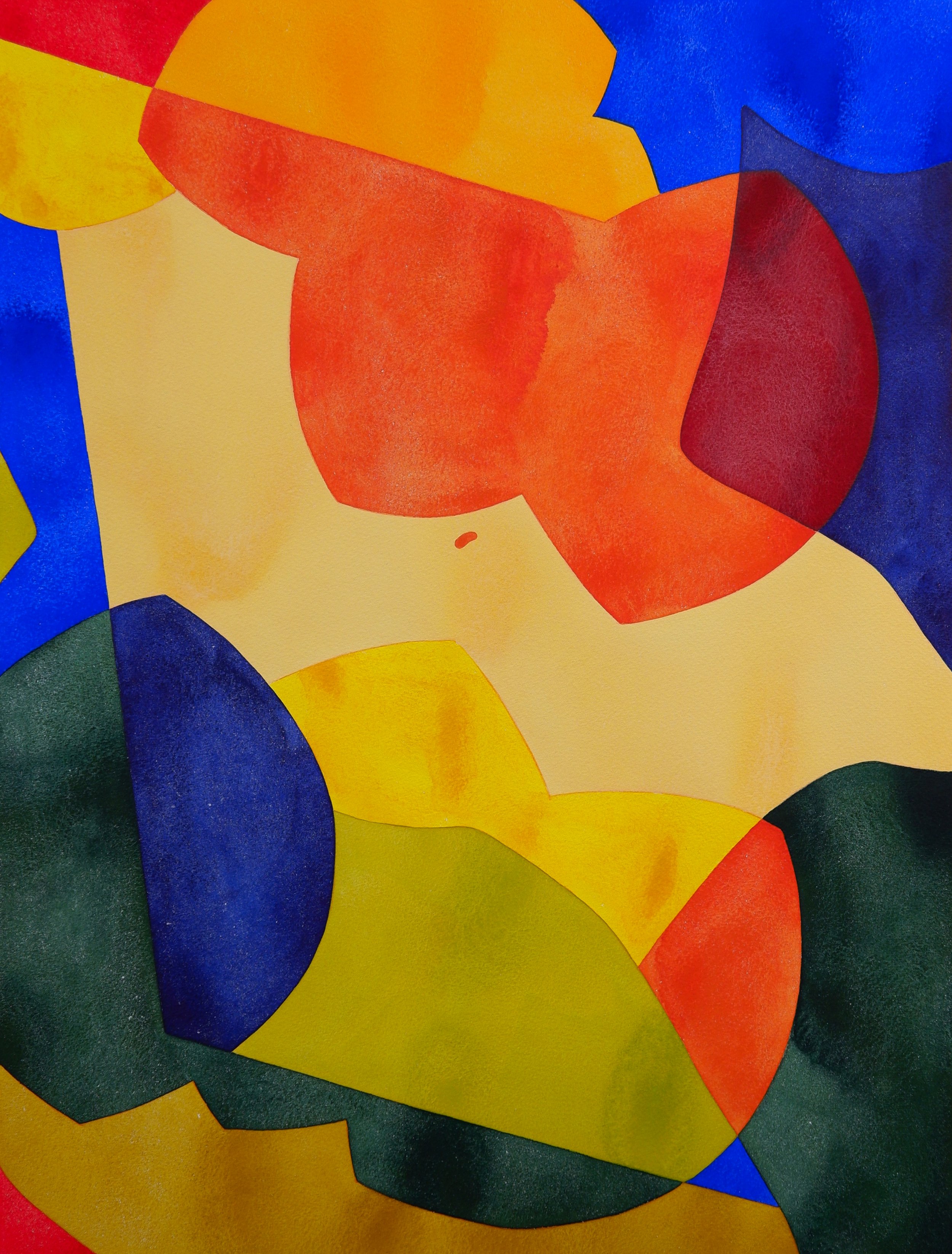 une œuvre d'art abstraite avec des formes colorées en rouge, jaune, bleu et vert